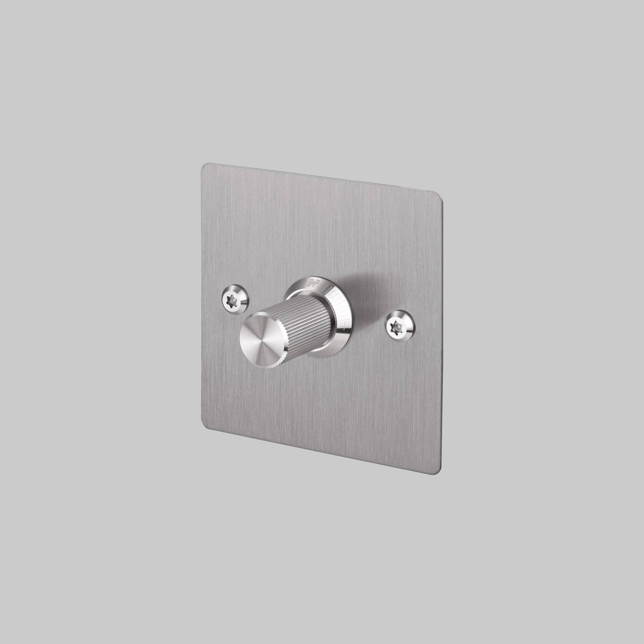 Buster + Punch 1G Dimmer switch, Steel plate with Steel linear knurl knob, front view