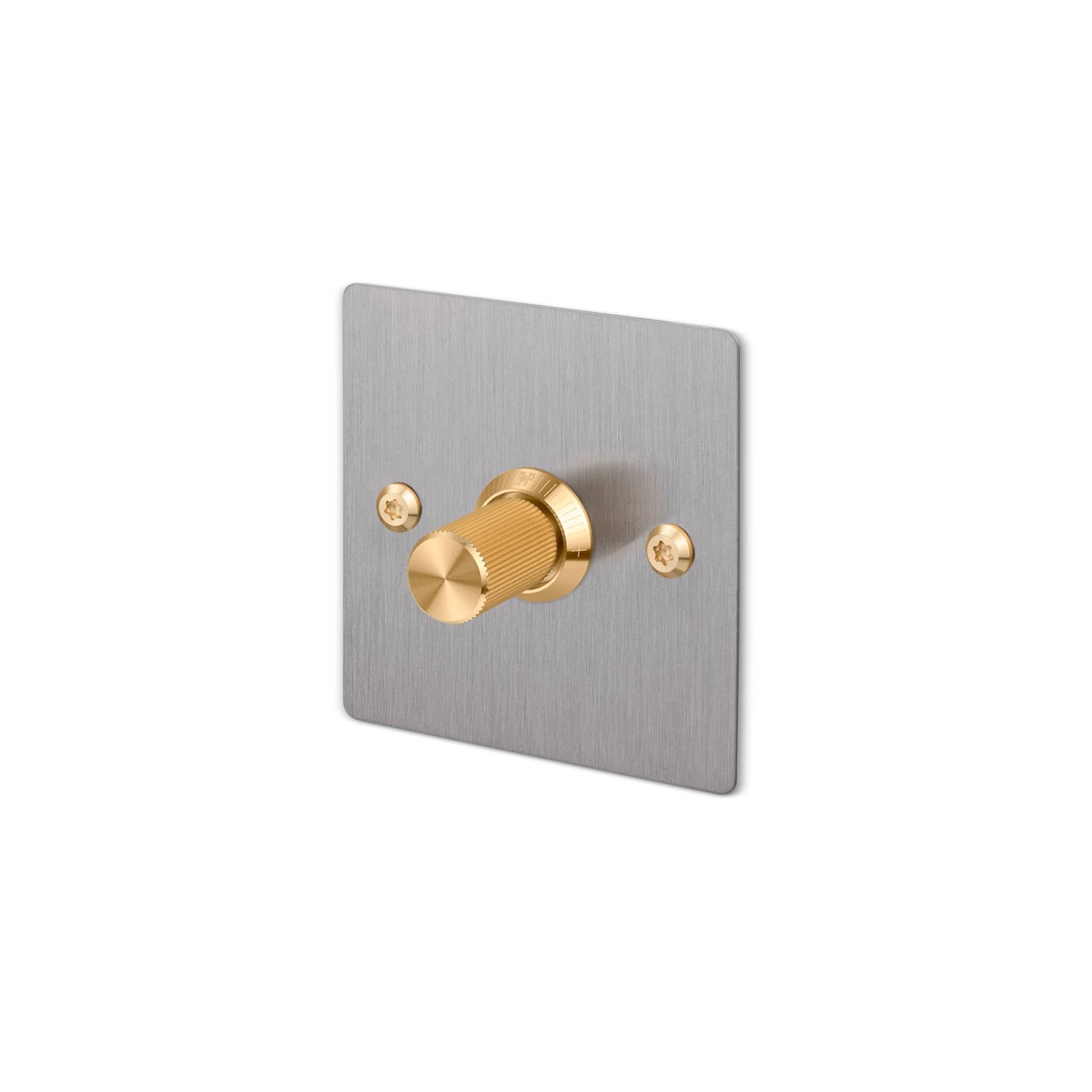 Buster + Punch 1G Dimmer switch, Steel plate with Brass linear knurl knob, isolated cutout