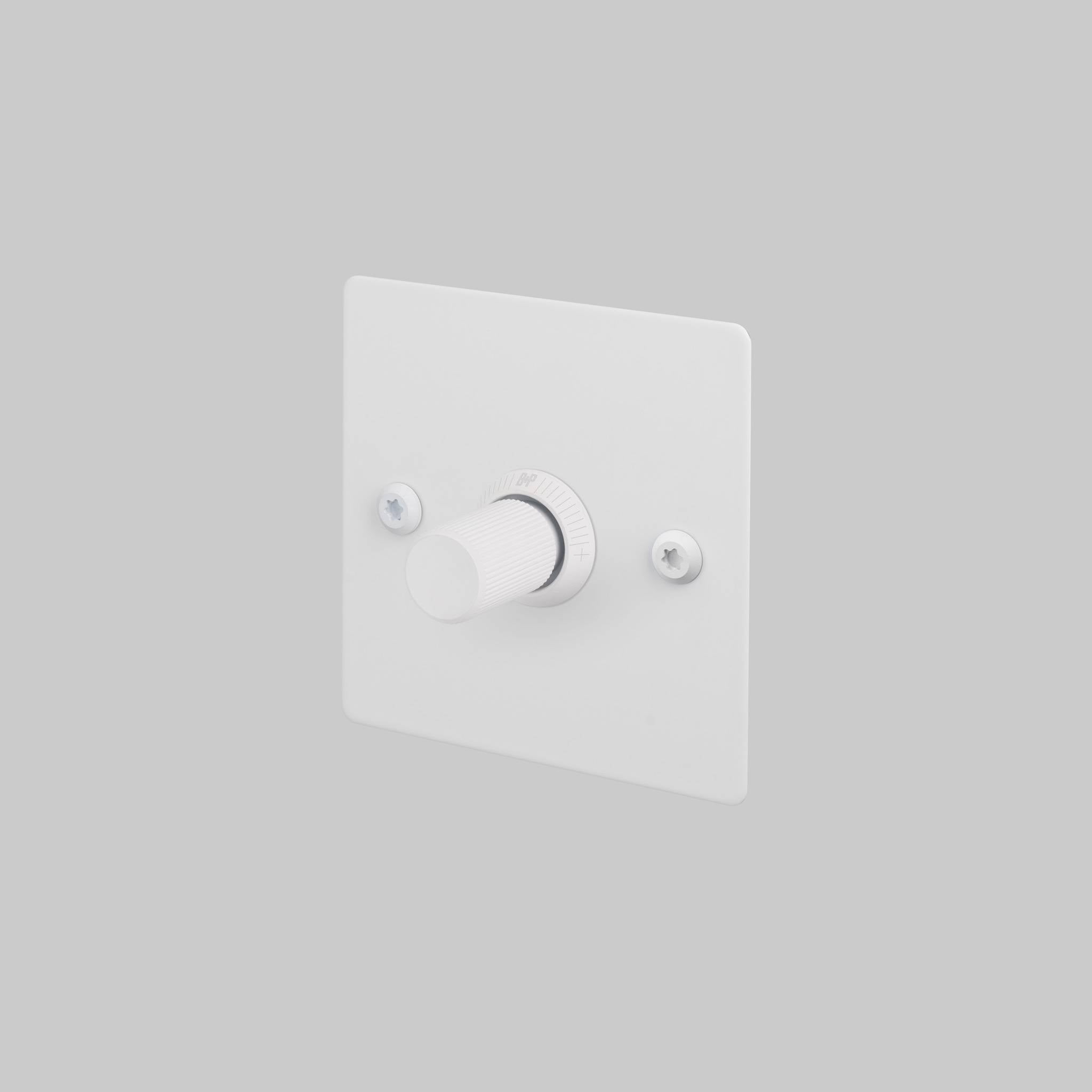 Buster + Punch 1G Dimmer switch, White plate with White linear knurl knob, front view