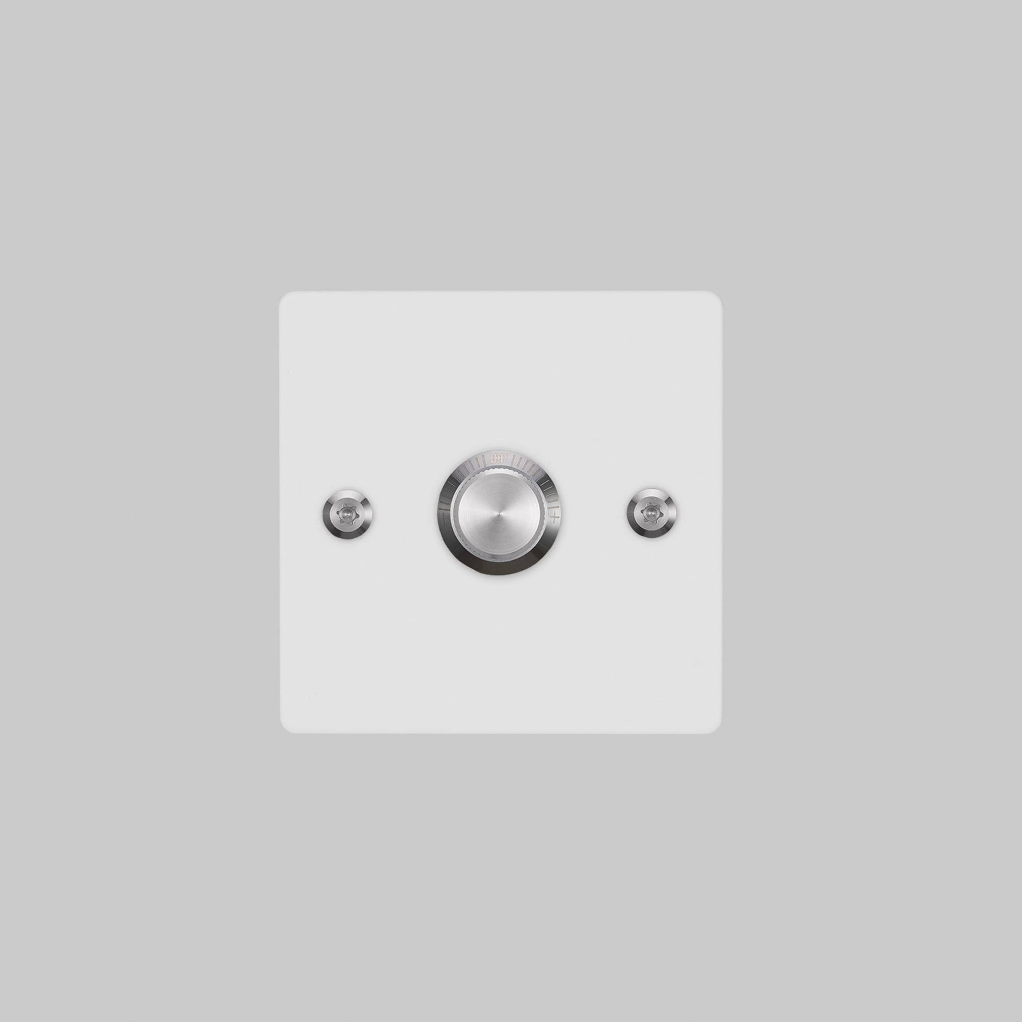 Buster + Punch 1G Dimmer switch, White plate with Steel linear knurl knob, elevated angle