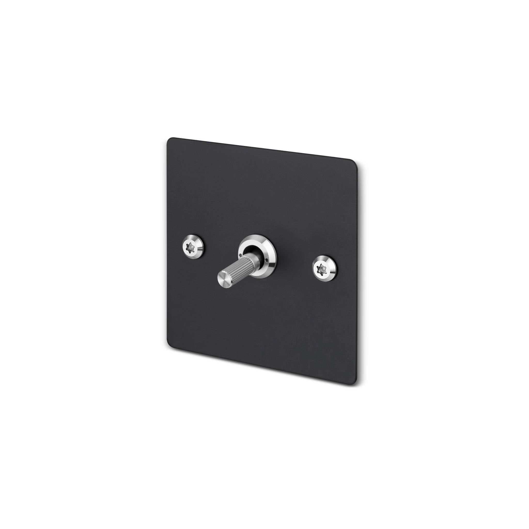 Buster + Punch 1G 2 way toggle switch, Black plate with Steel linear knurl toggle arm, isolated cutout