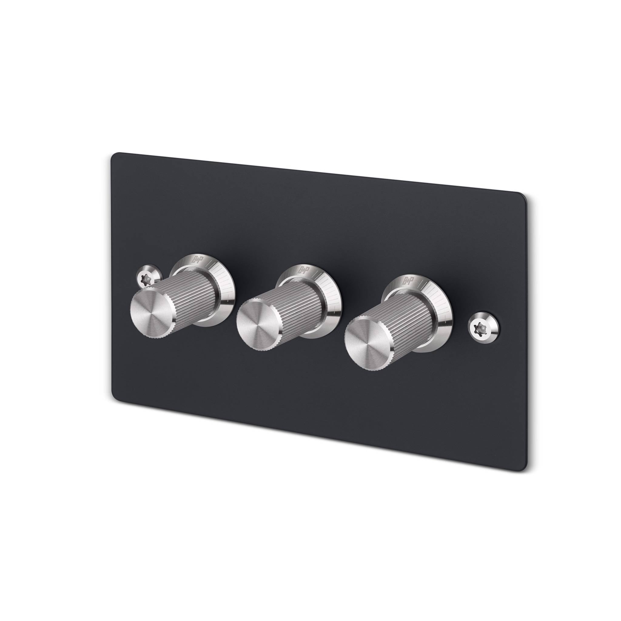 Buster + Punch 3G dimmer switch, black plate with steel linear knurl knobs, isolated cutout
