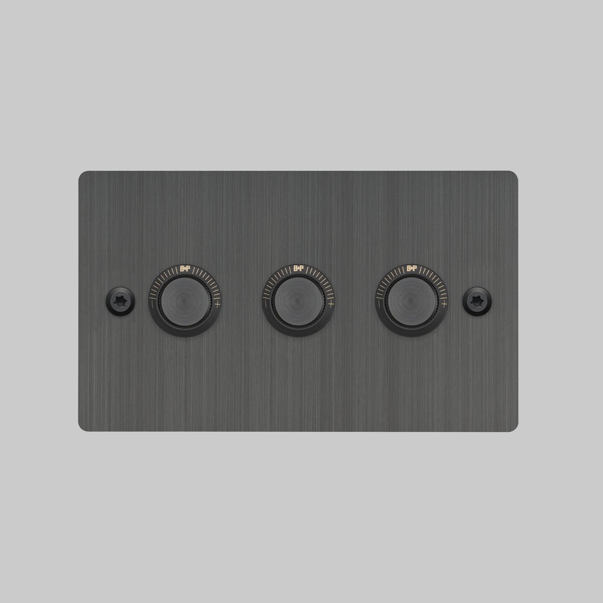 Buster + Punch 3G dimmer switch, Smoked Bronze plate with Smoked Bronze linear knurl knob, front elevation view