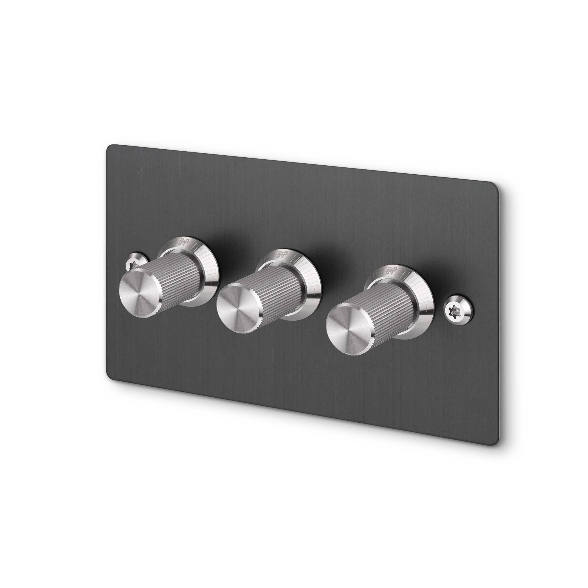 Buster + Punch 3G dimmer switch, Smoked Bronze plate with Steel linear knurl knob, isolated cutout