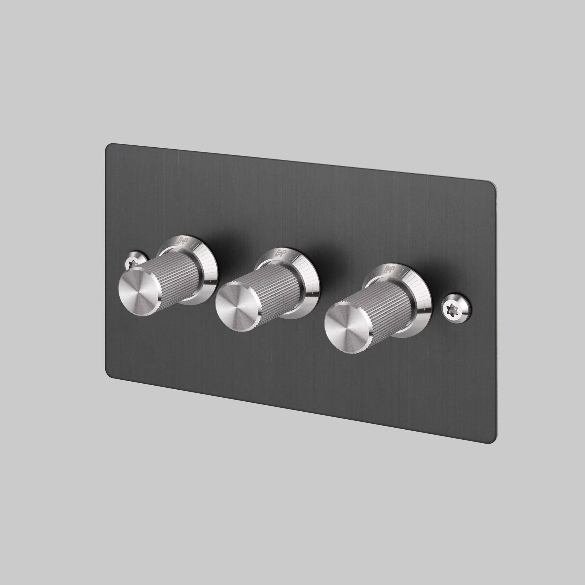 Buster + Punch 3G dimmer switch, Smoked Bronze plate with Steel linear knurl knob, front angled view