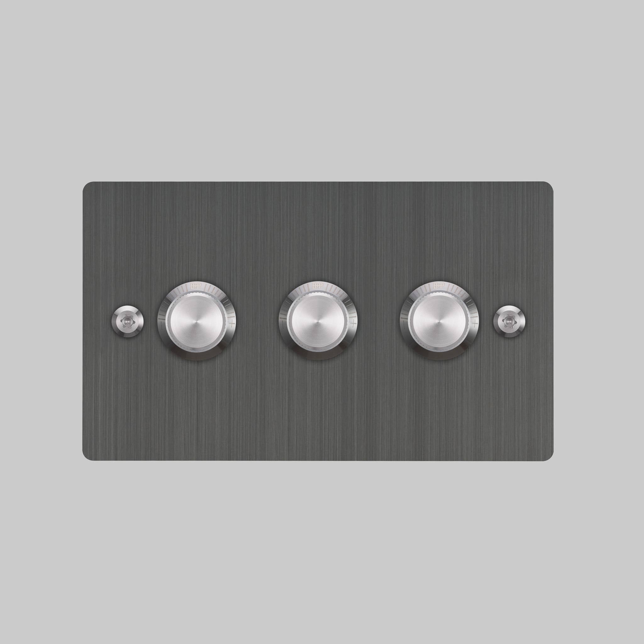 Buster + Punch 3G dimmer switch, Smoked Bronze plate with Steel linear knurl knob, front elevation view