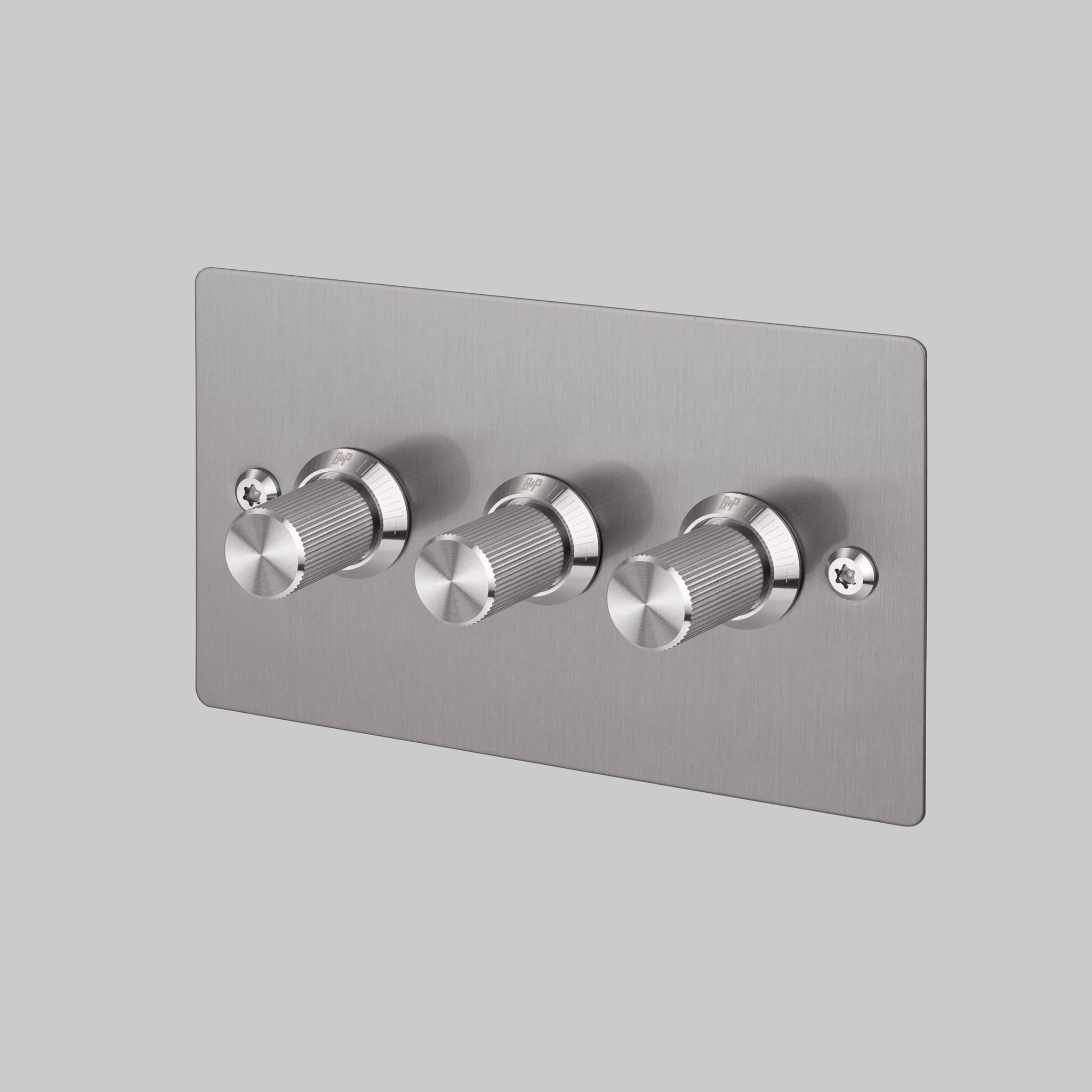 Buster + Punch 3G dimmer switch, Steel plate with Steel linear knurl knob, front angled view