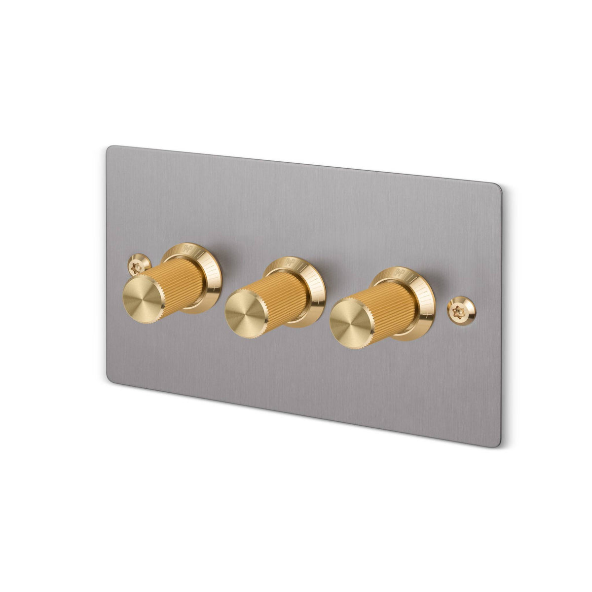 Buster + Punch 3G dimmer switch, Steel plate with Brass linear knurl knob, isolated cutout