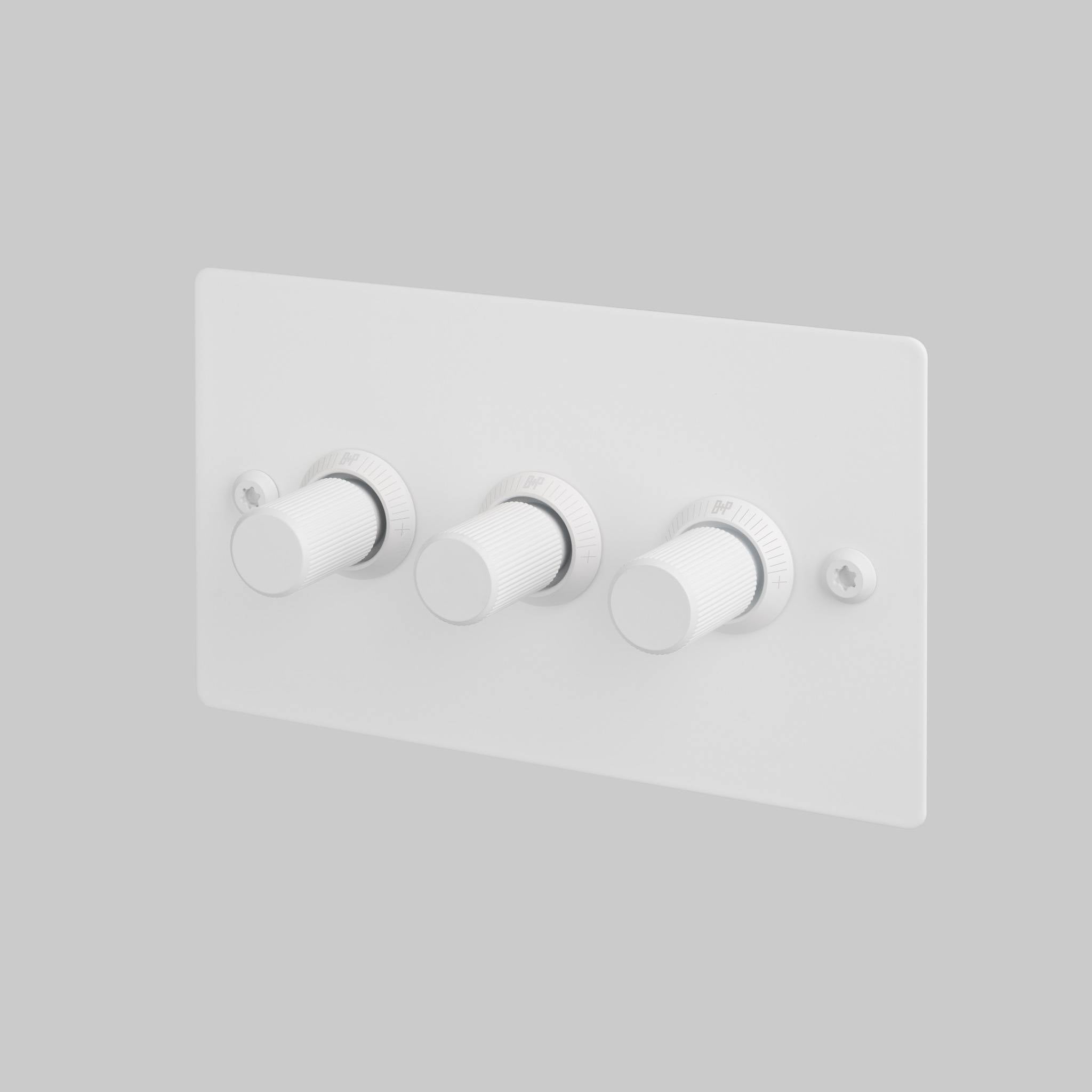 Buster + Punch 3G dimmer switch, White plate with White linear knurl knob, front angled view