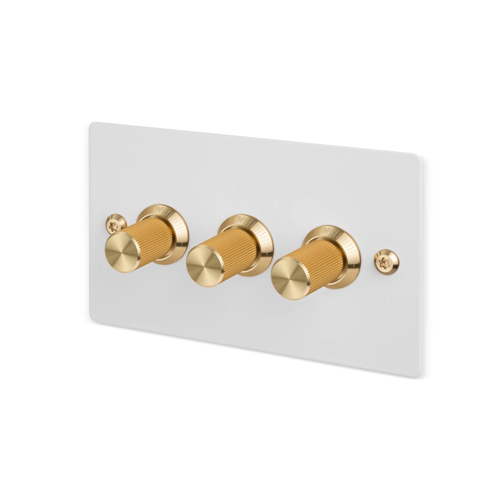 Buster + Punch 3G dimmer switch, White plate with Brass linear knurl knob, isolated cutout