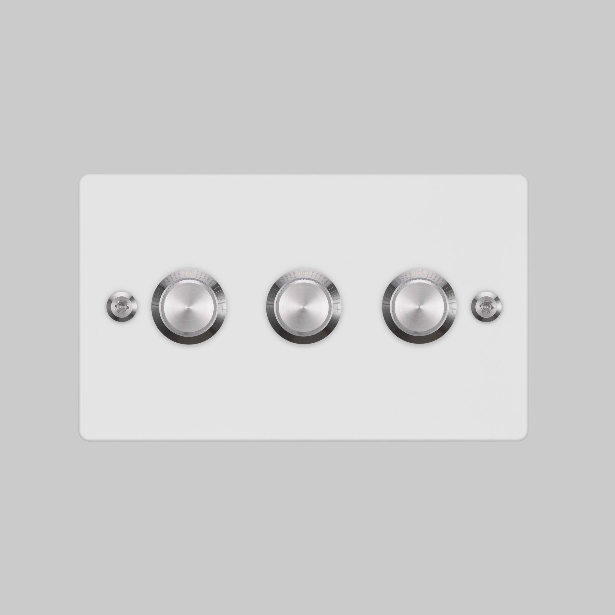Buster + Punch 3G dimmer switch, White plate with Steel linear knurl knob, front elevation view