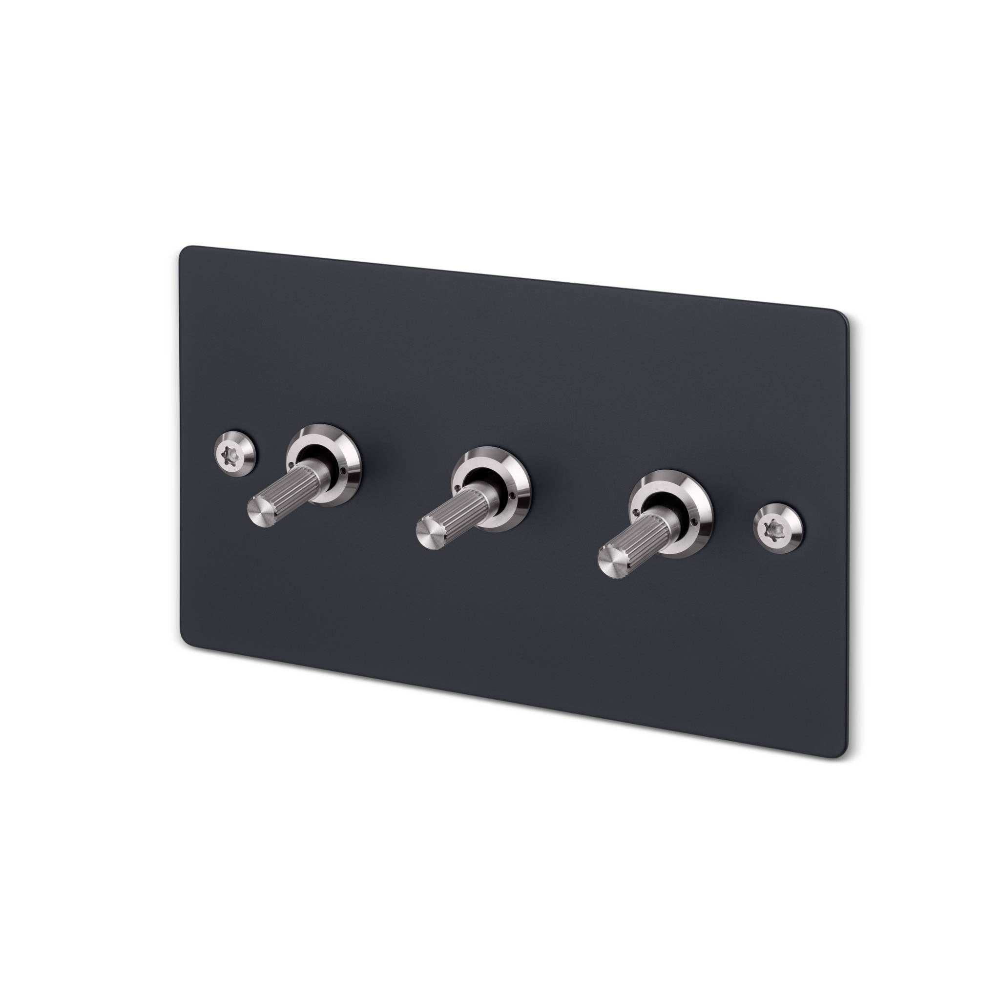 Buster + Punch 3G toggle switch, Black plate with Steel linear knurl toggle arm, isolated cutout