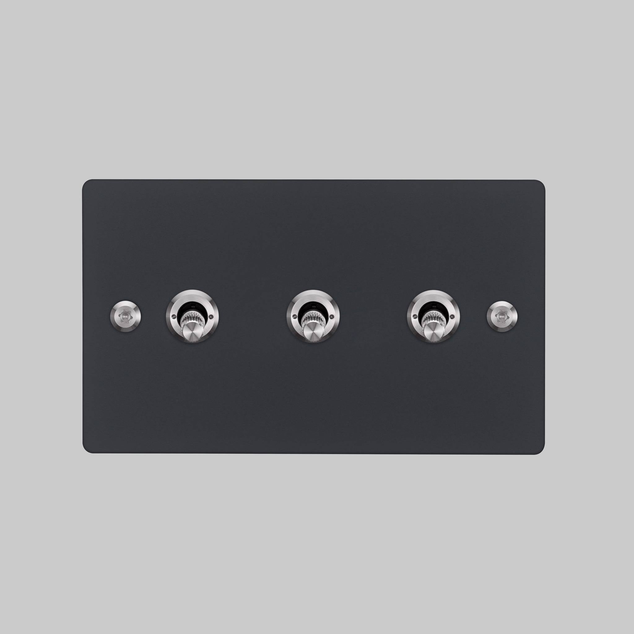 Buster + Punch 3G toggle switch, Black plate with Steel linear knurl toggle arm, front elevation view