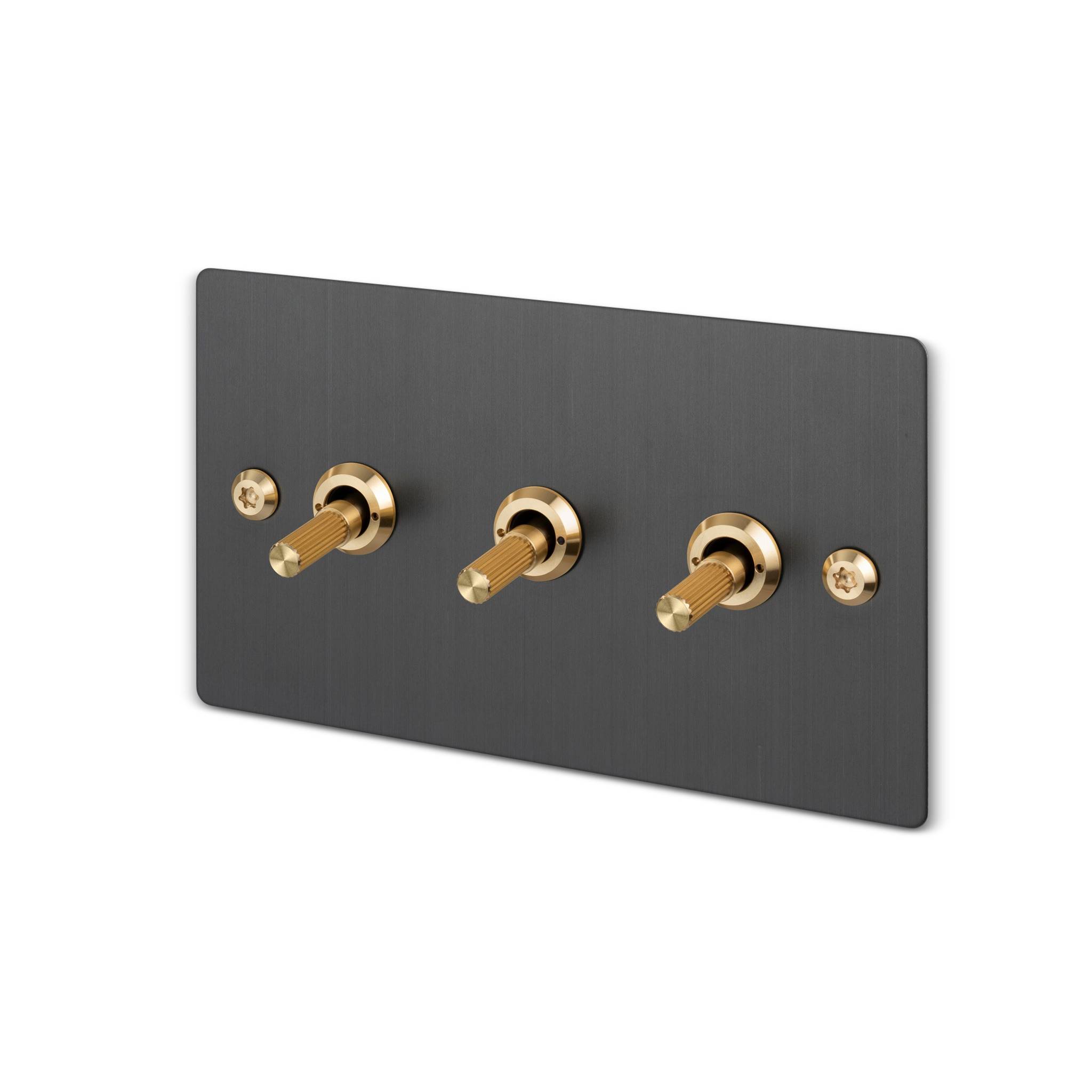 Buster + Punch 3G toggle switch, Smoked Bronze plate with Brass linear knurl toggle arm, isolated cutout