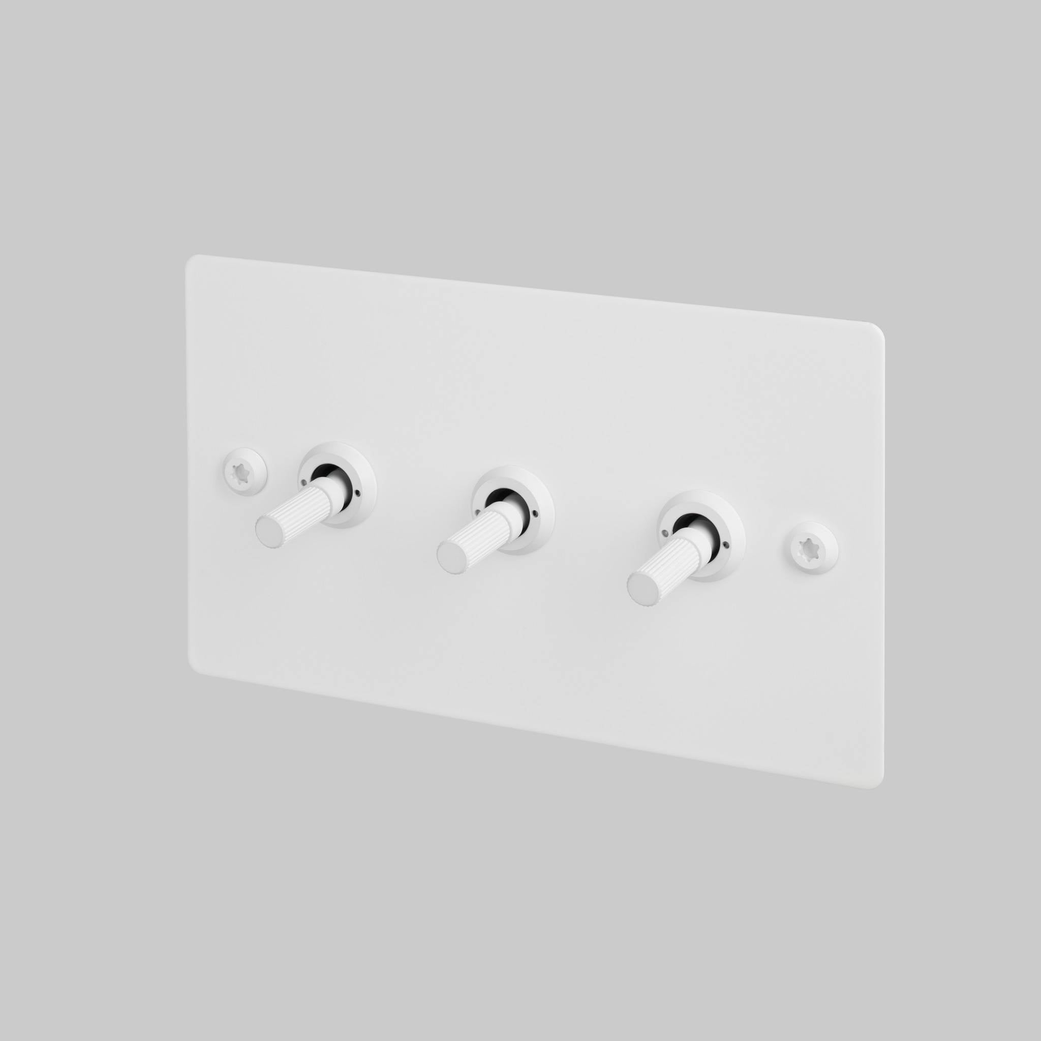 Buster + Punch 3G 2-way toggle switch, White plate with White linear knurl toggle arm, front view