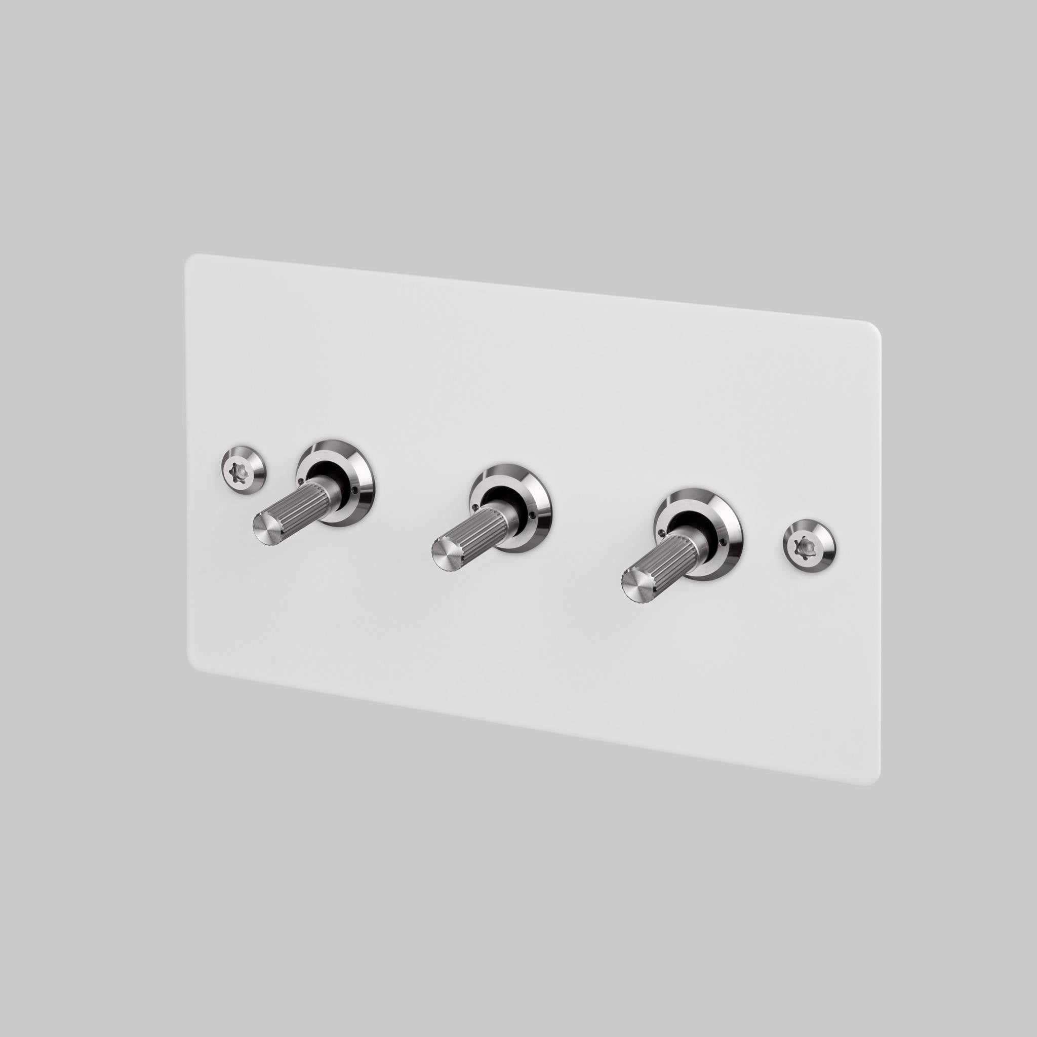Buster + Punch 3G 2-way toggle switch, White plate with Steel linear knurl toggle arm, front view