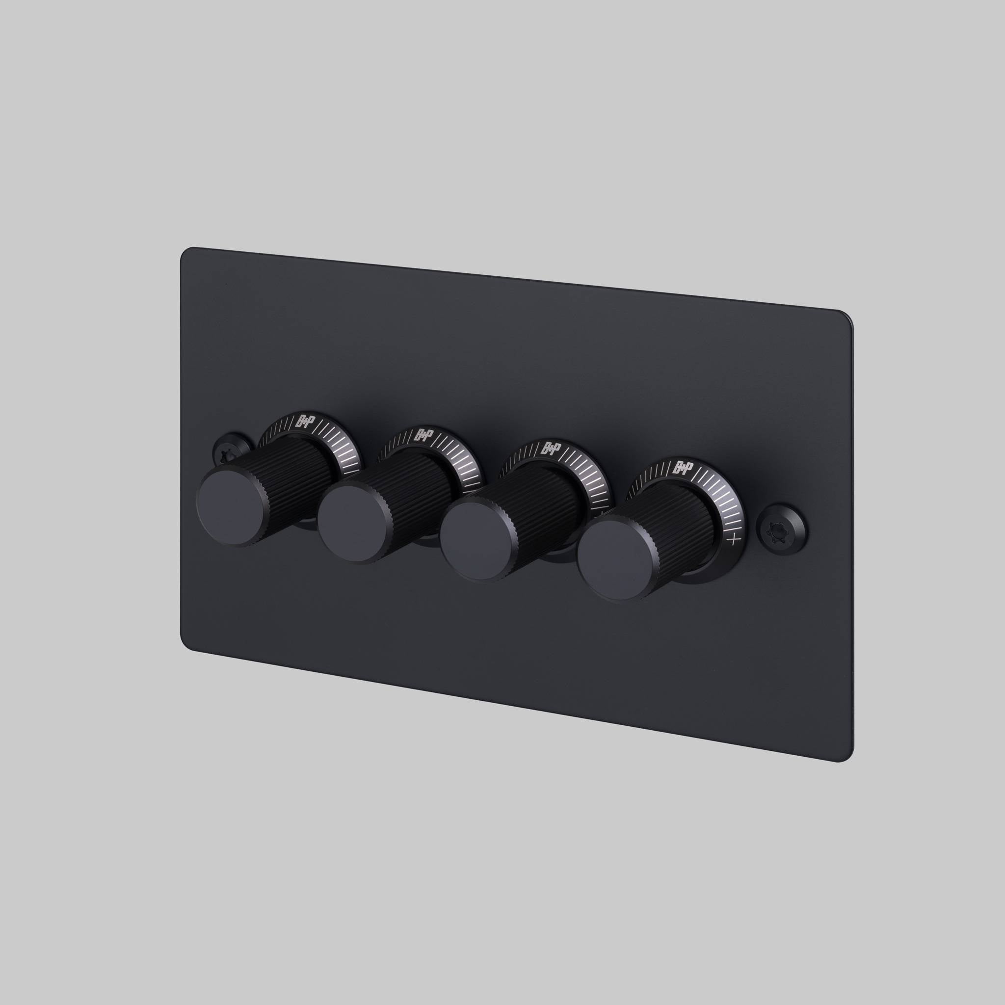 Buster + Punch 4G dimmer switch, Black plate with Black linear knurl dimmer knob, front view