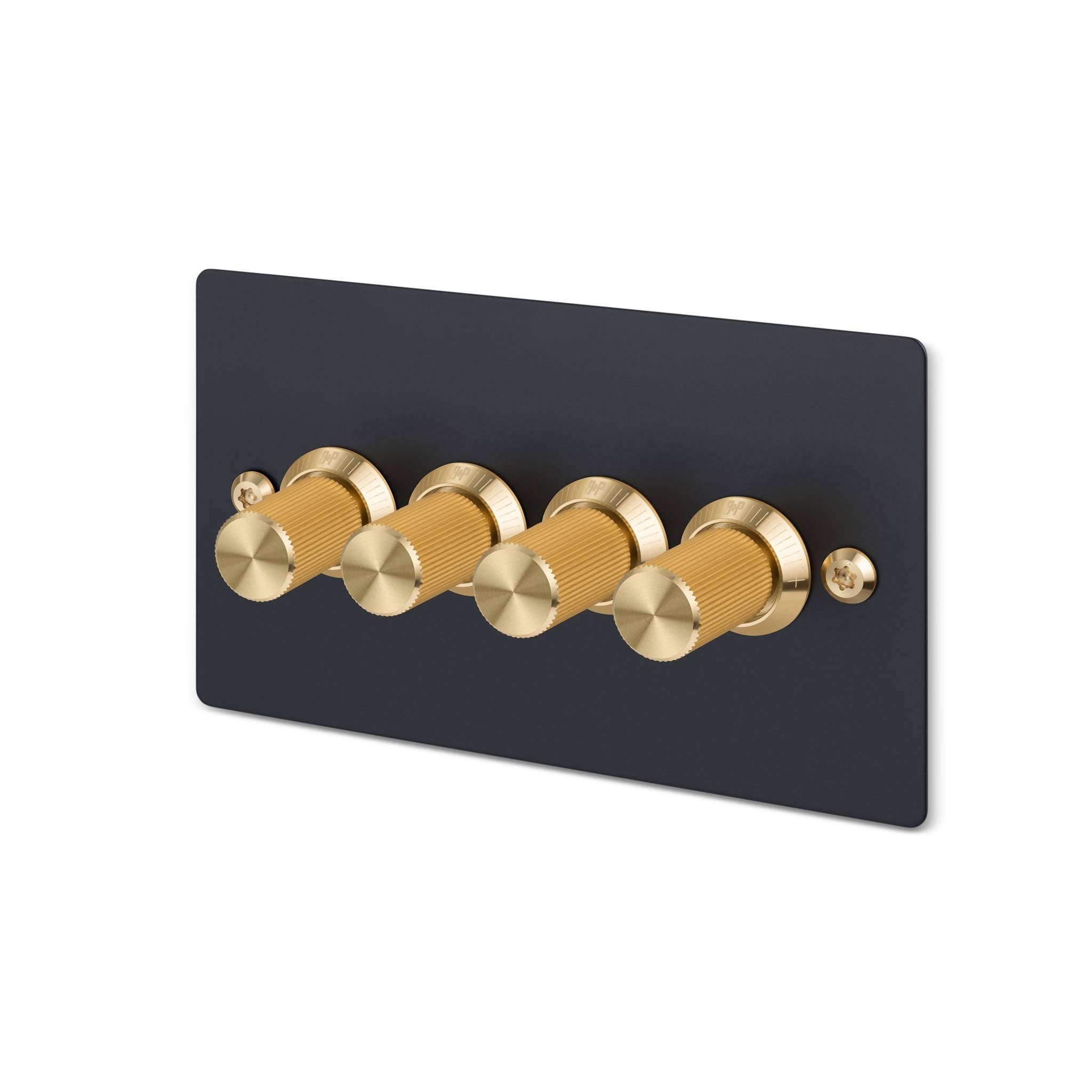 Buster + Punch 4G dimmer switch, Black plate with Brass linear knurl dimmer knob, isolated cutout