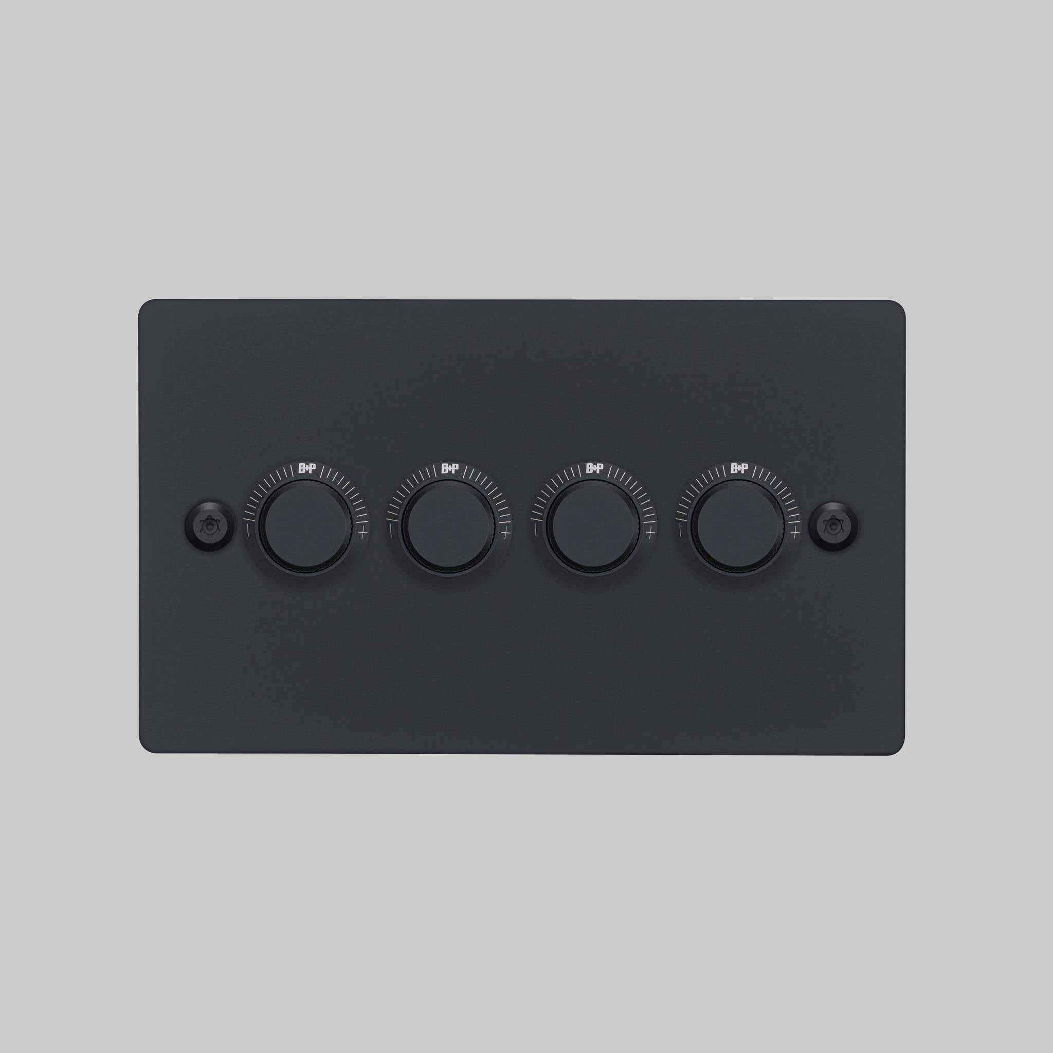 Buster + Punch 4G dimmer switch, Black plate with Black linear knurl dimmer knob, elevated angle