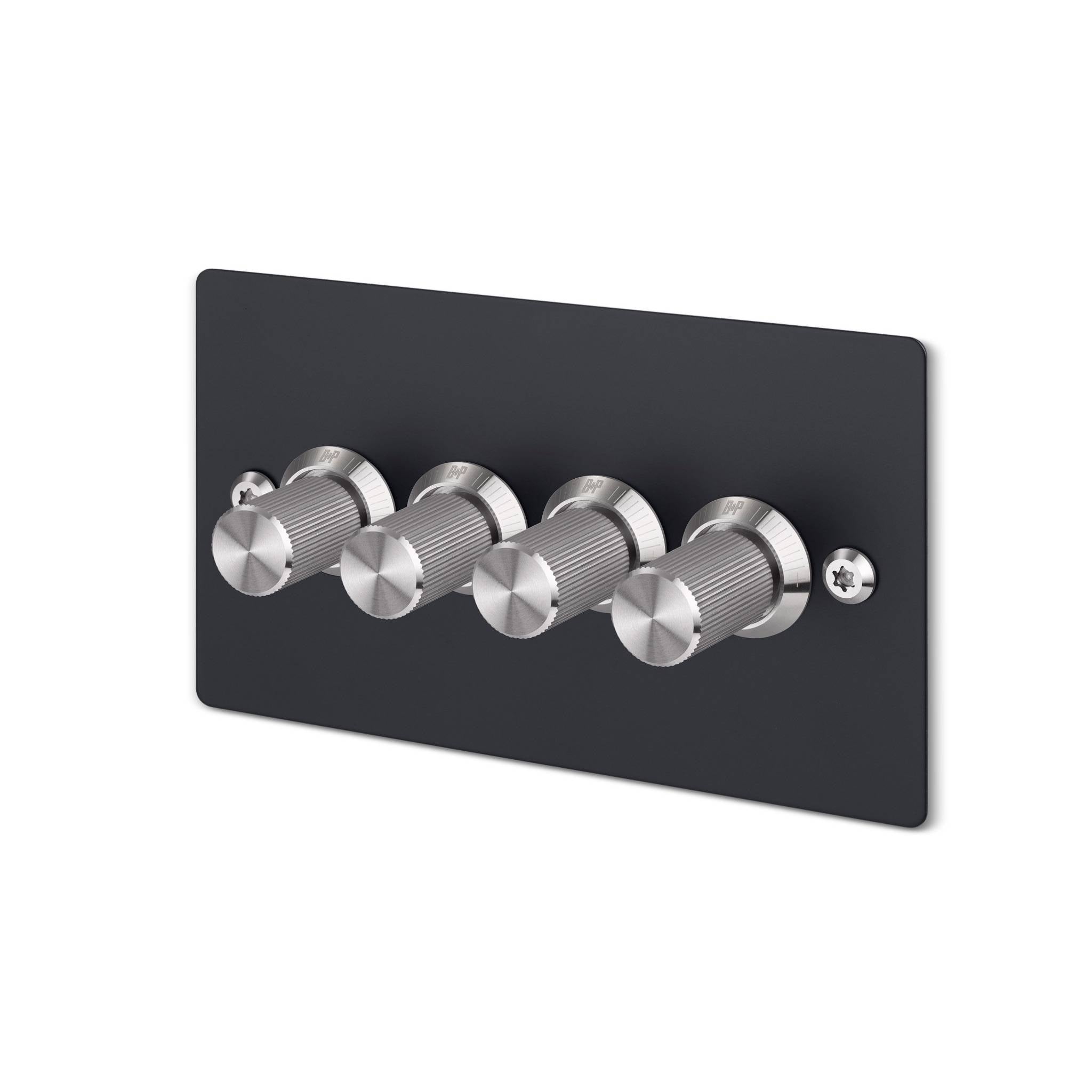 Buster + Punch 4G dimmer switch, Black plate with Steel linear knurl dimmer knob, isolated cutout