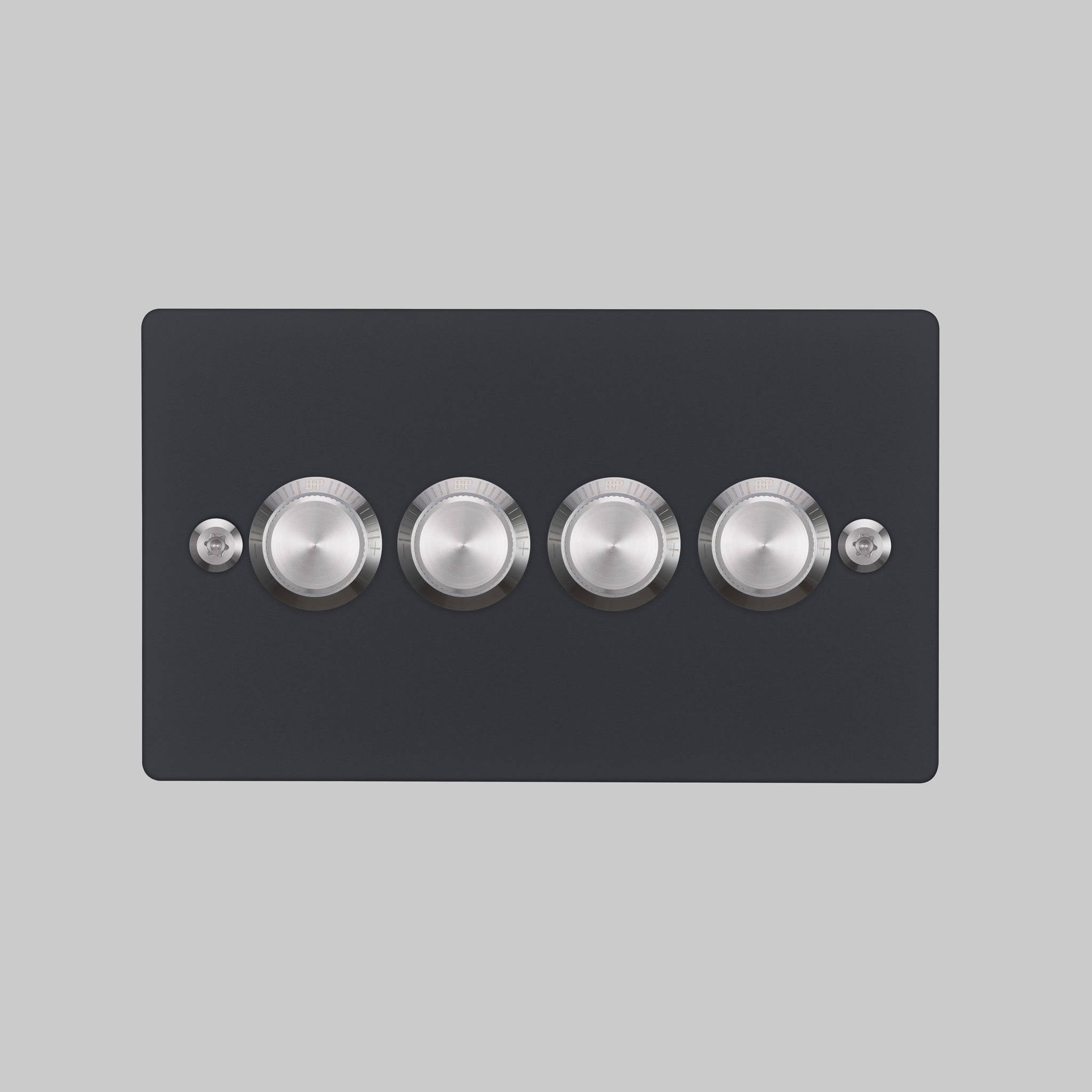Buster + Punch 4G dimmer switch, Black plate with Steel linear knurl dimmer knob, elevated angle