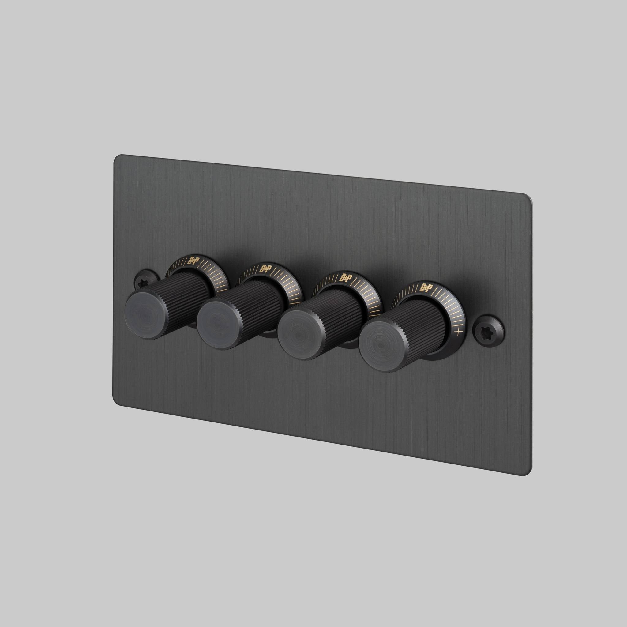 Buster + Punch 4G dimmer switch, Smoked Bronze plate with Smoked Bronze linear knurl dimmer knob, front view