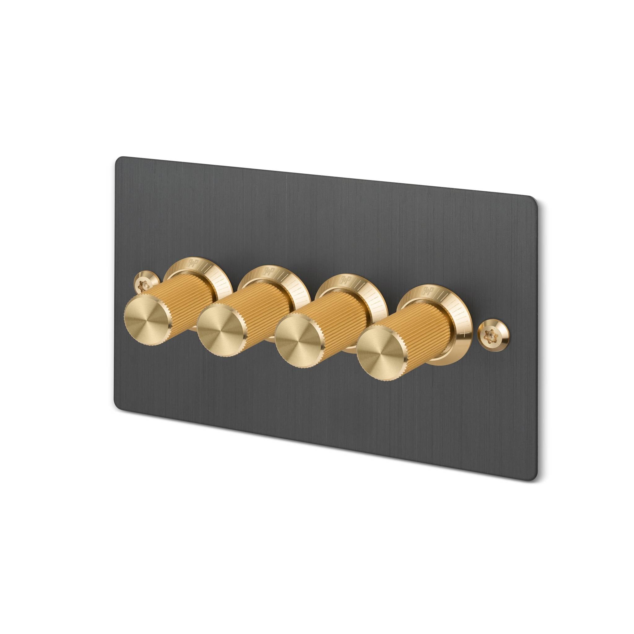 Buster + Punch 4G dimmer switch, Smoked Bronze plate with Brass linear knurl dimmer knob, isolated cutout