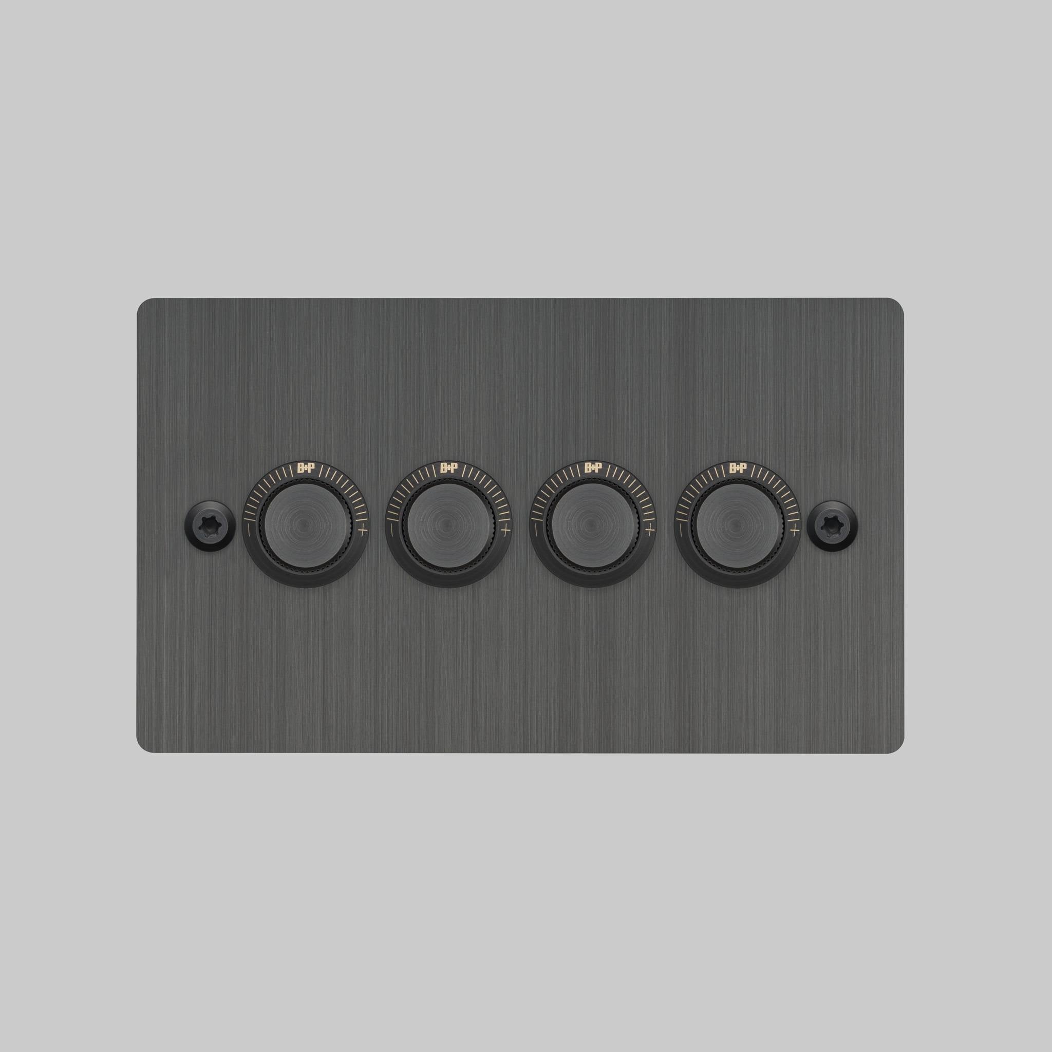 Buster + Punch 4G dimmer switch, Smoked Bronze plate with Smoked Bronze linear knurl dimmer knob, elevated angle