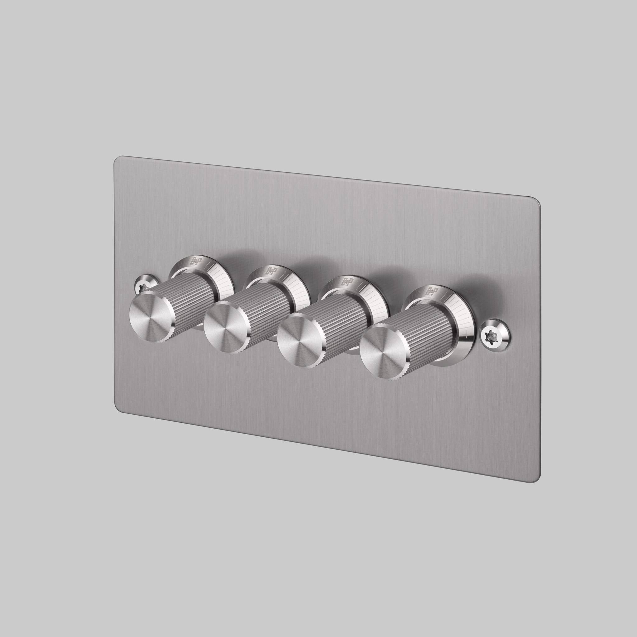 Buster + Punch 4G dimmer switch, Steel plate with Steel linear knurl dimmer knob, front view