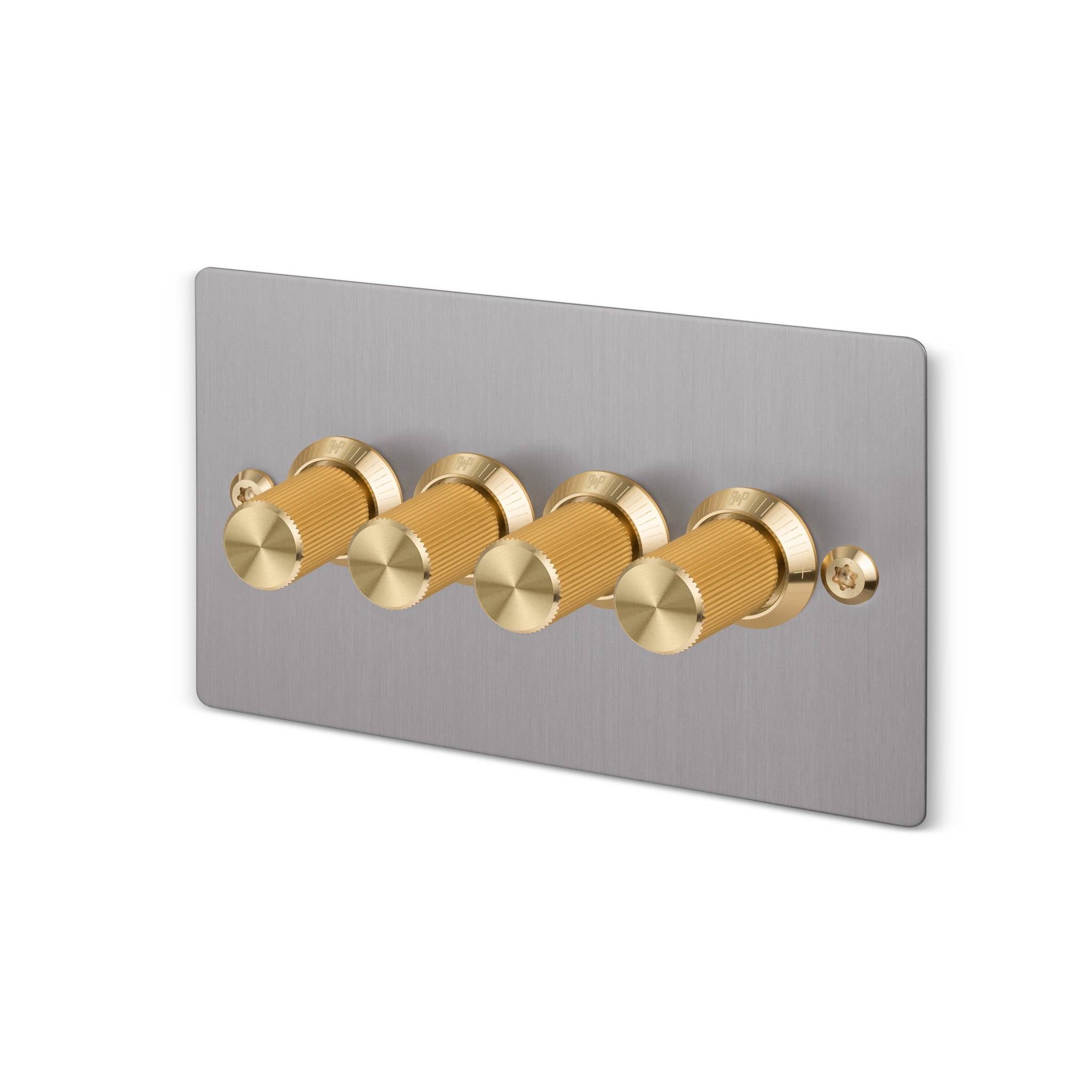 Buster + Punch 4G dimmer switch, Steel plate with Brass linear knurl dimmer knob, isolated cutout
