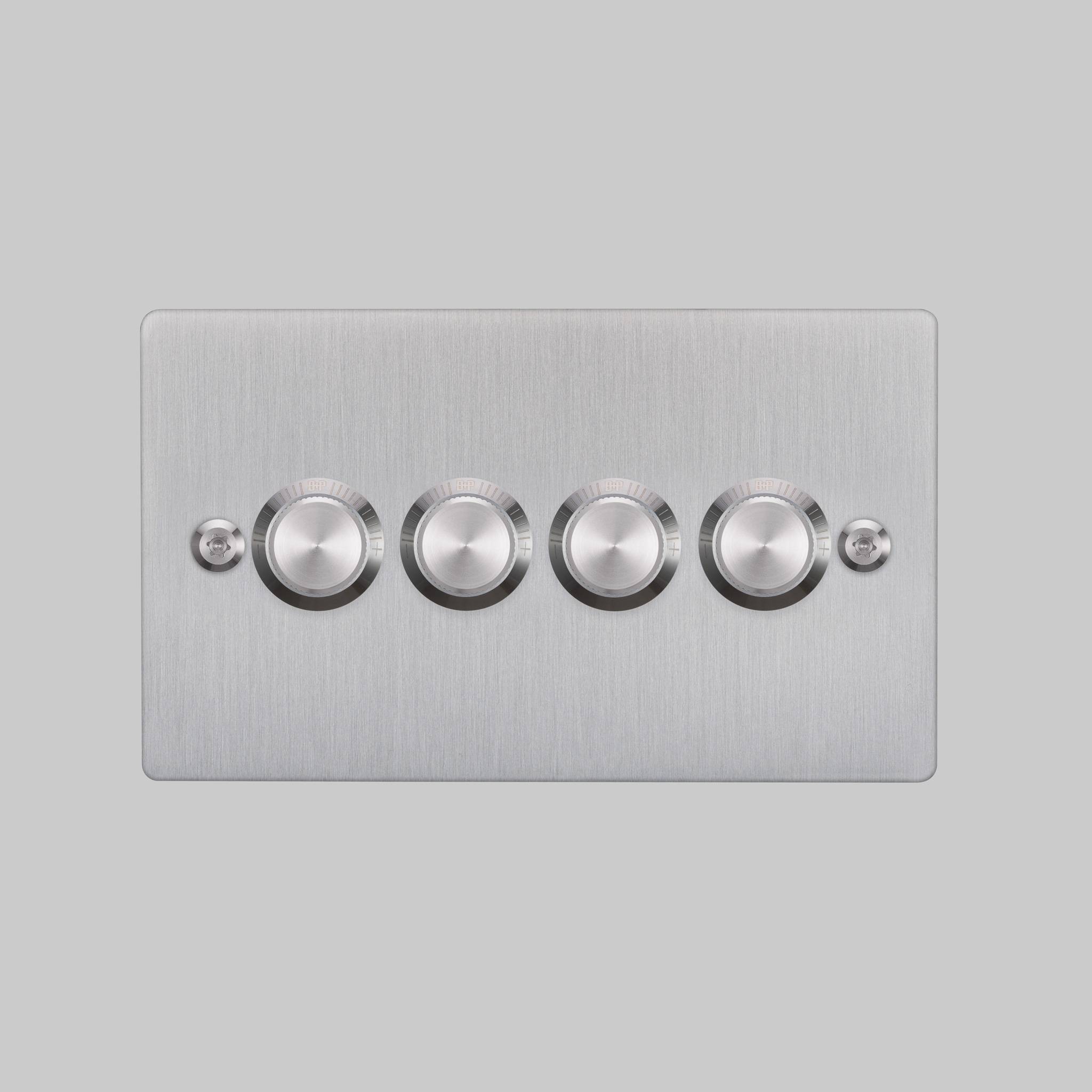 Buster + Punch 4G dimmer switch, Steel plate with Steel linear knurl dimmer knob, elevated angle