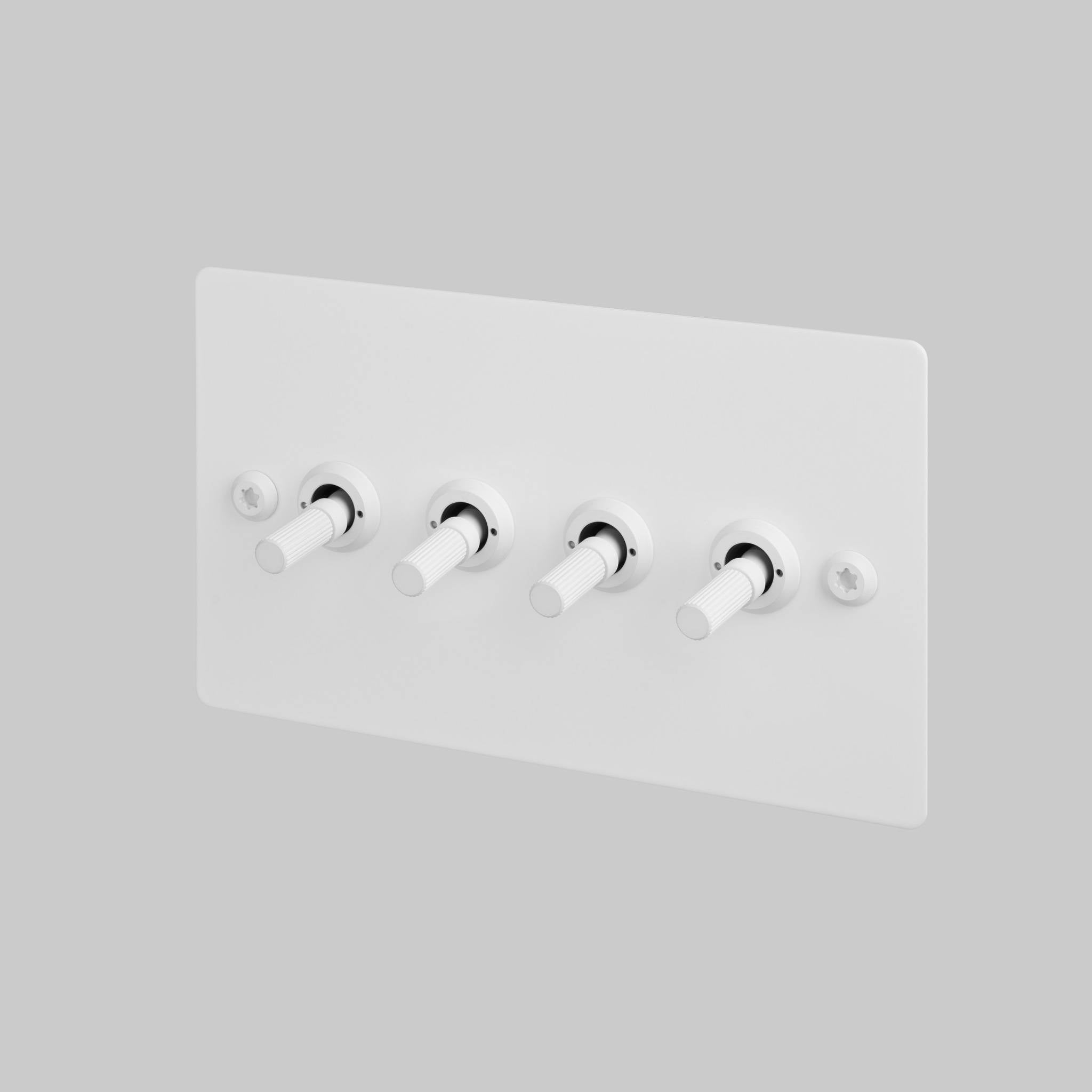 Buster + Punch 4G toggle switch, white plate with white linear knurl toggle arms, front view