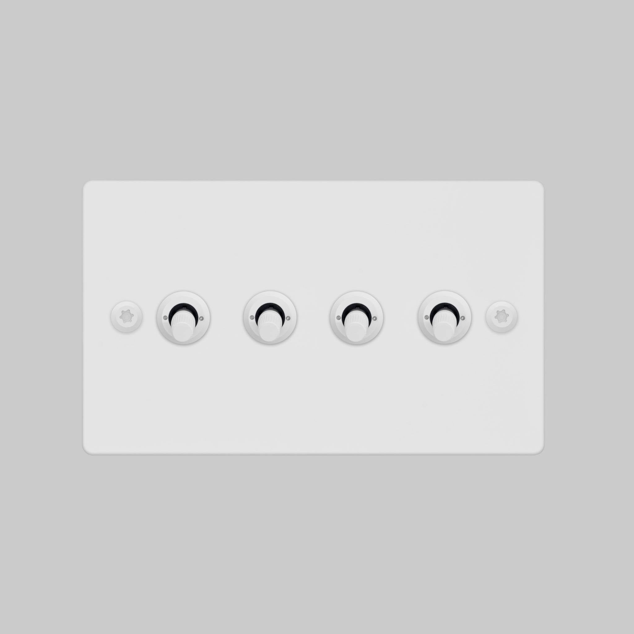 Buster + Punch 4G toggle switch, white plate with white linear knurl toggle arms, elevated angle view