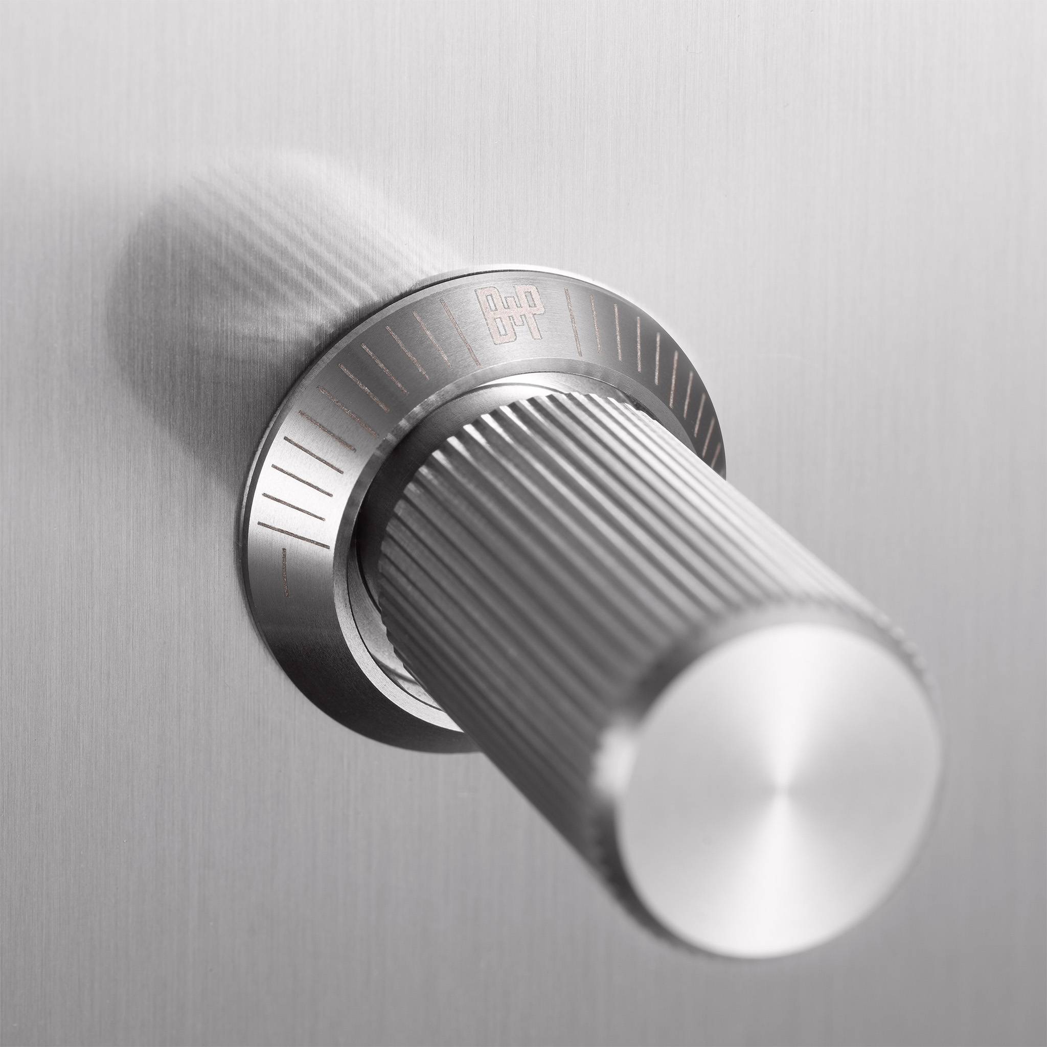 Buster + Punch 1G Dimmer switch, Steel plate with Steel linear knurl knob, close up of the knurl detail