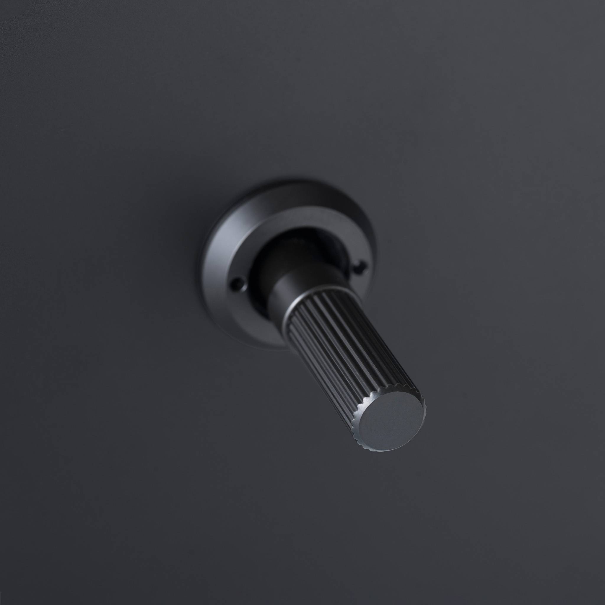 Buster + Punch 1G 2 way toggle switch, Black plate with Black linear knurl toggle arm, close up of the knurl detail