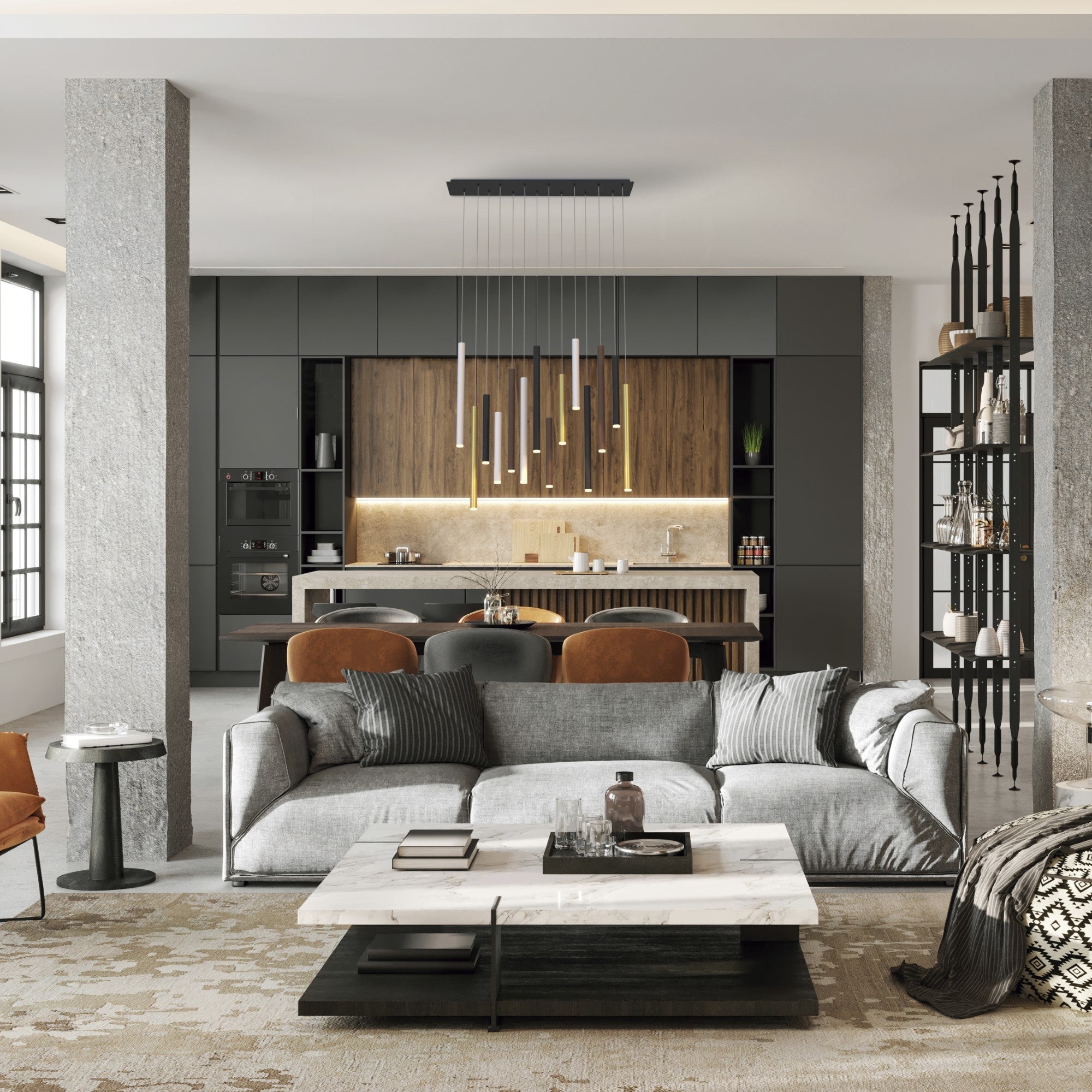 Mantra Cala Rectangle 14 Light Pendant - Sand White, Sand Black, Gold & Rust Brown