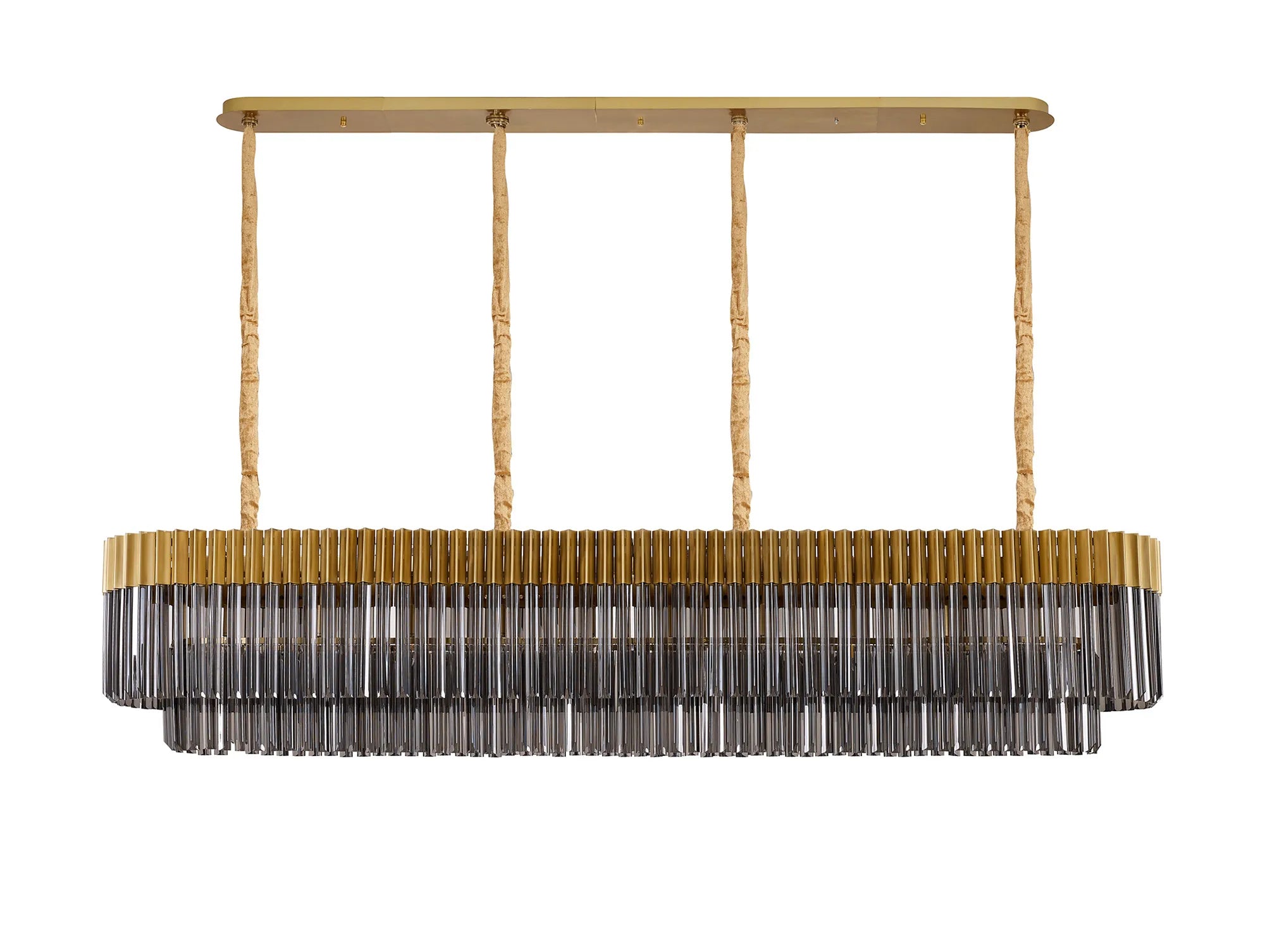Cedar 200 x 40cm Linear Pendant 10 Light - Brass & Smoked Sculpted Glass