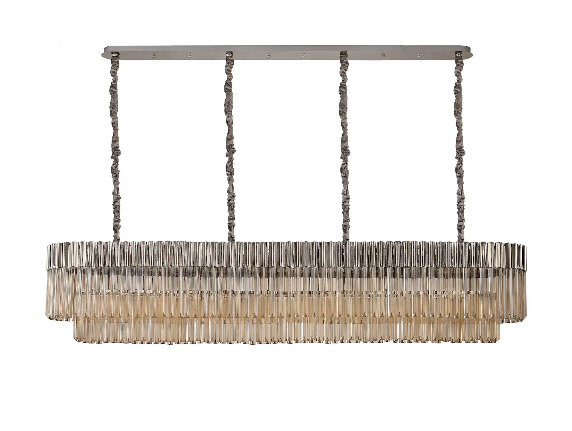 Cedar 200 x 40cm Linear Pendant 10 Light - Polished Nickel & Cognac Sculpted Glass