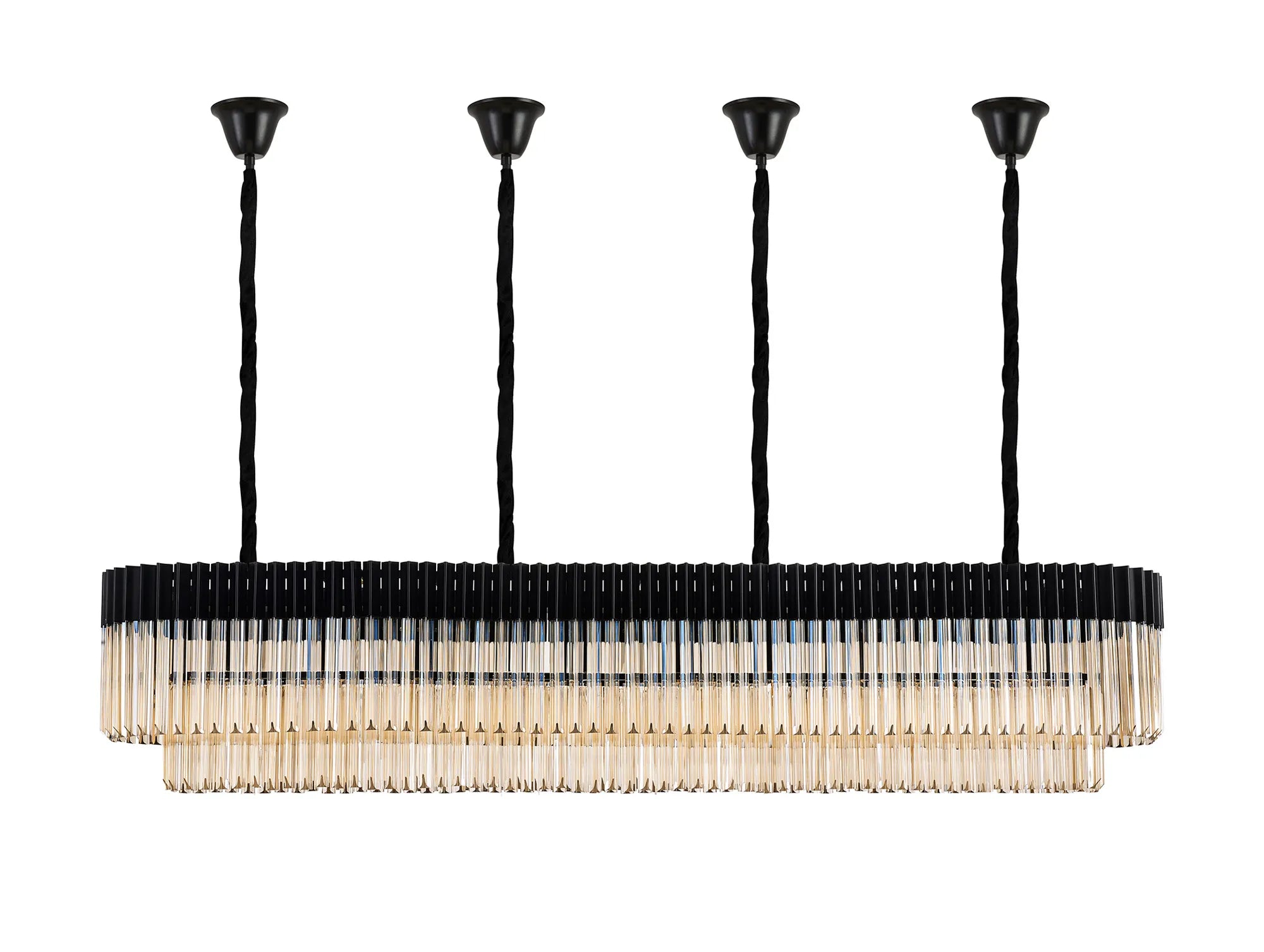 Cedar 200 x 40cm Linear Pendant With Bell Cup 10 Light - Matt Black & Cognac Sculpted Glass