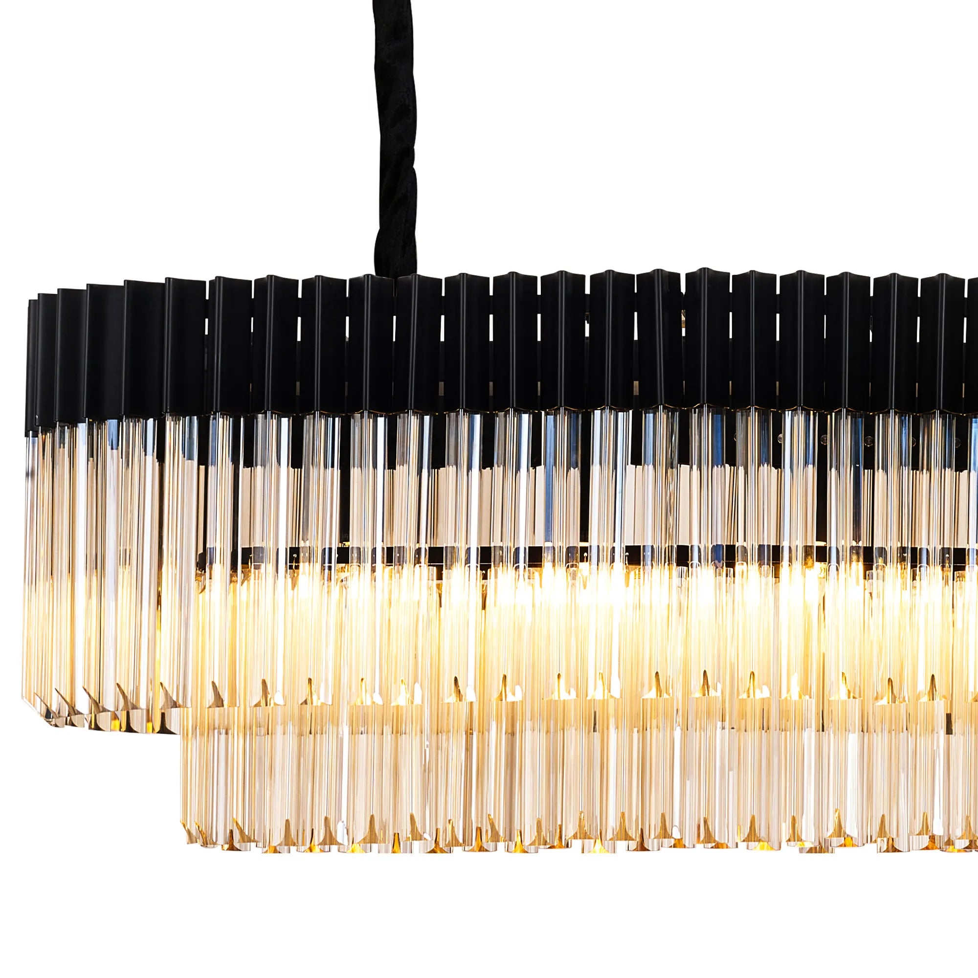 Cedar 200 x 40cm Linear Pendant With Bell Cup 10 Light - Matt Black & Cognac Sculpted Glass