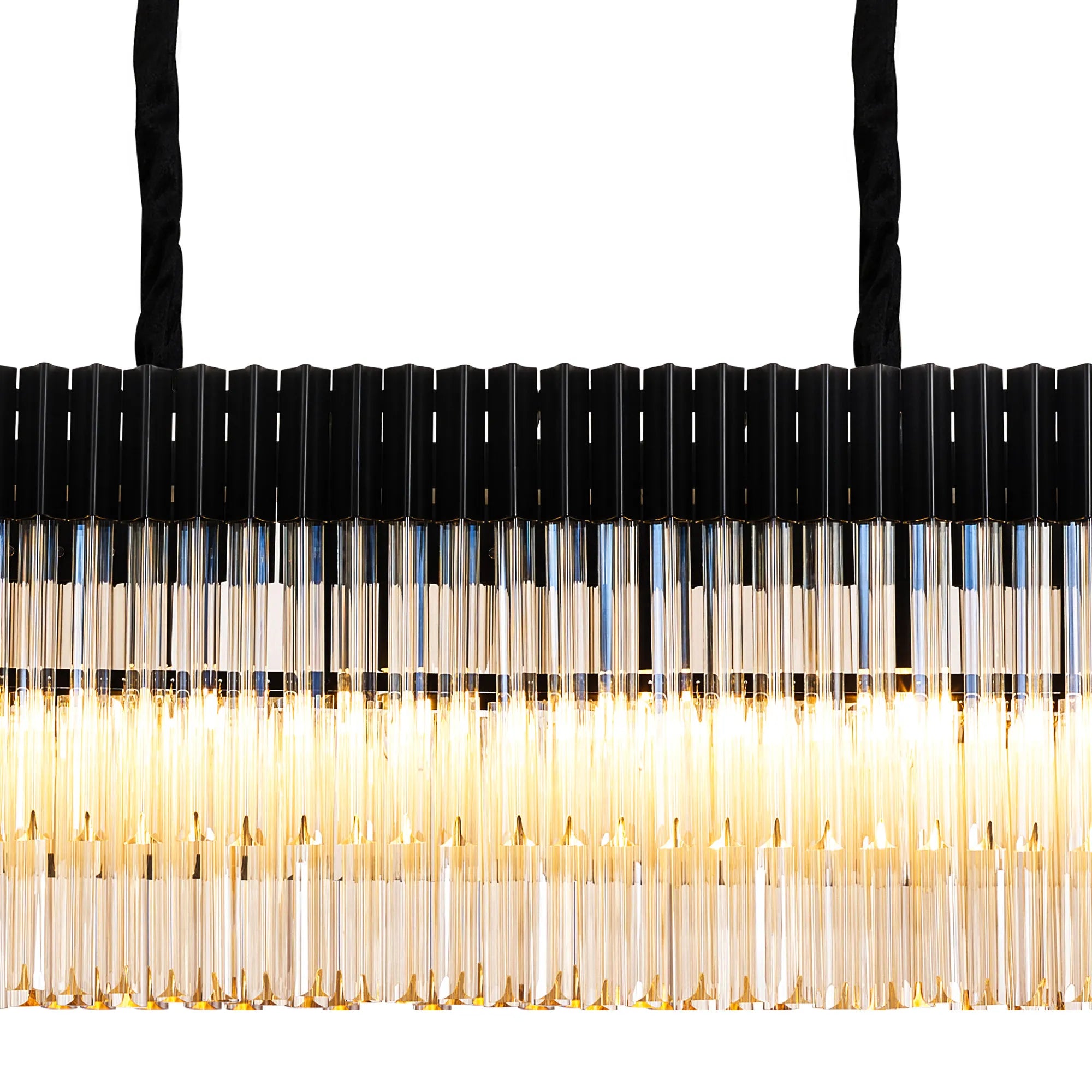 Cedar 200 x 40cm Linear Pendant With Bell Cup 10 Light - Matt Black & Cognac Sculpted Glass