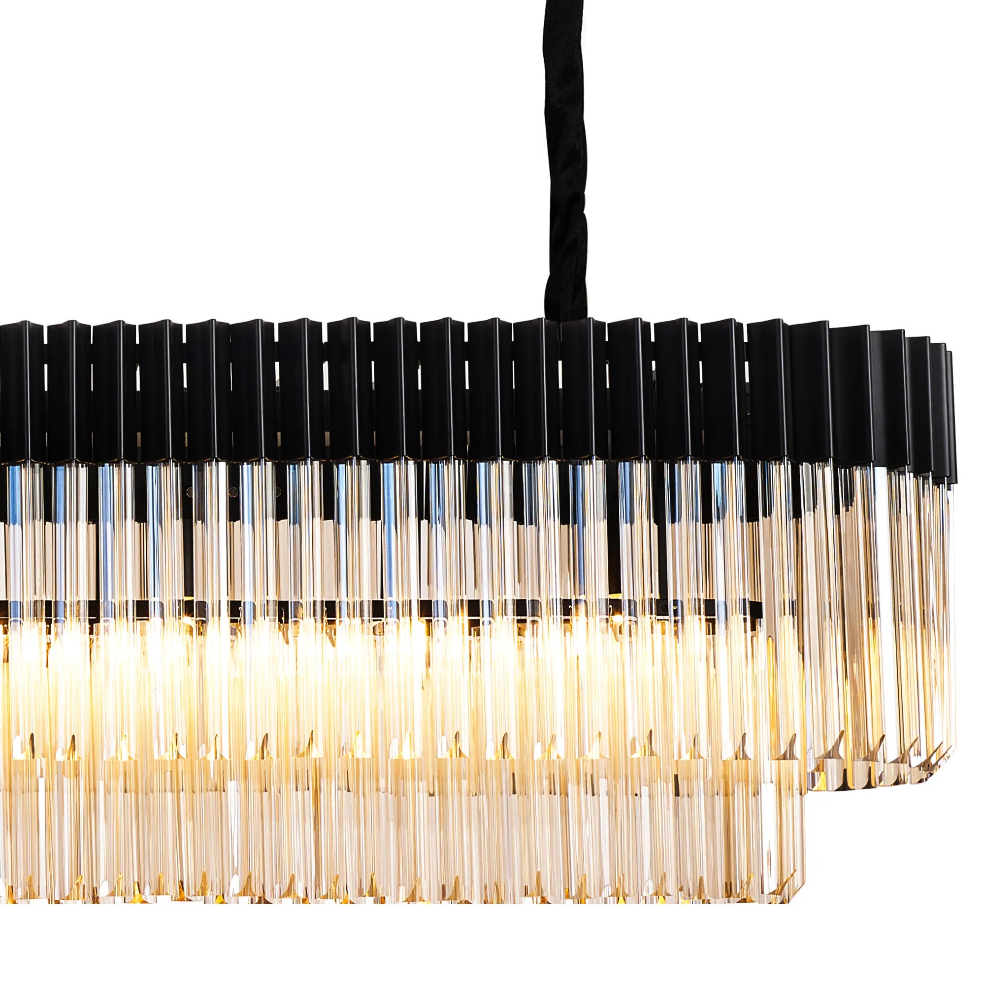 Cedar 200 x 40cm Linear Pendant With Bell Cup 10 Light - Matt Black & Cognac Sculpted Glass