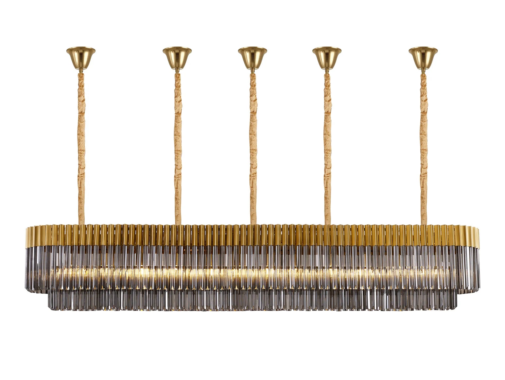 Cedar 225 Light - 40cm Linear Pendant With Bell Cup 12 Light - Brass & Smoked Sculpted Glass