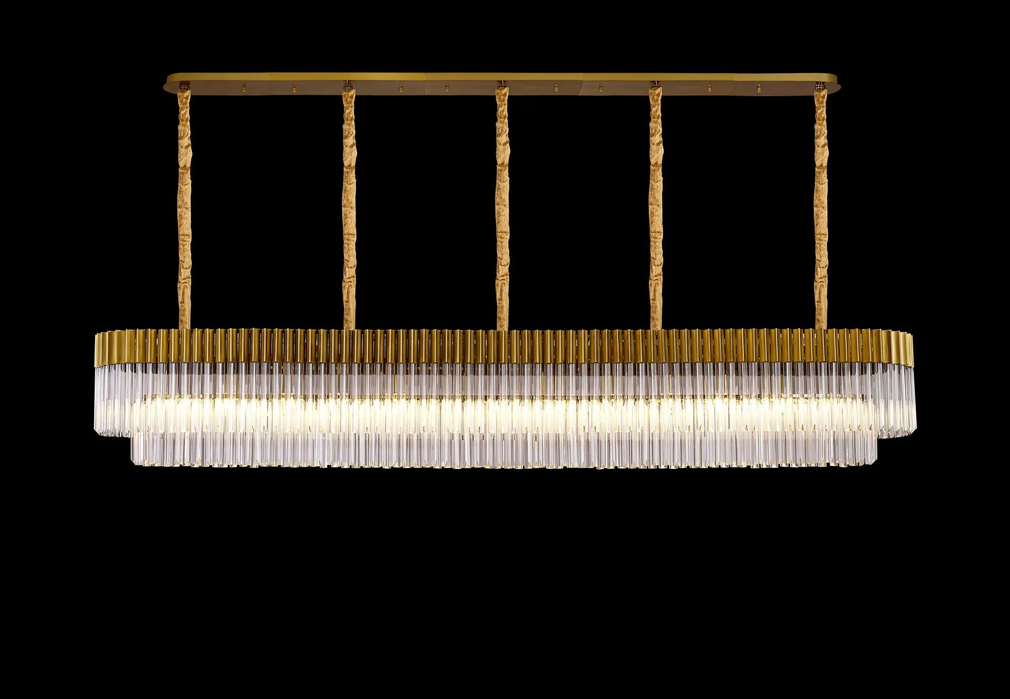 Cedar 250 x 40cm Linear Pendant 13 Light - Brass & Clear Sculpted Glass