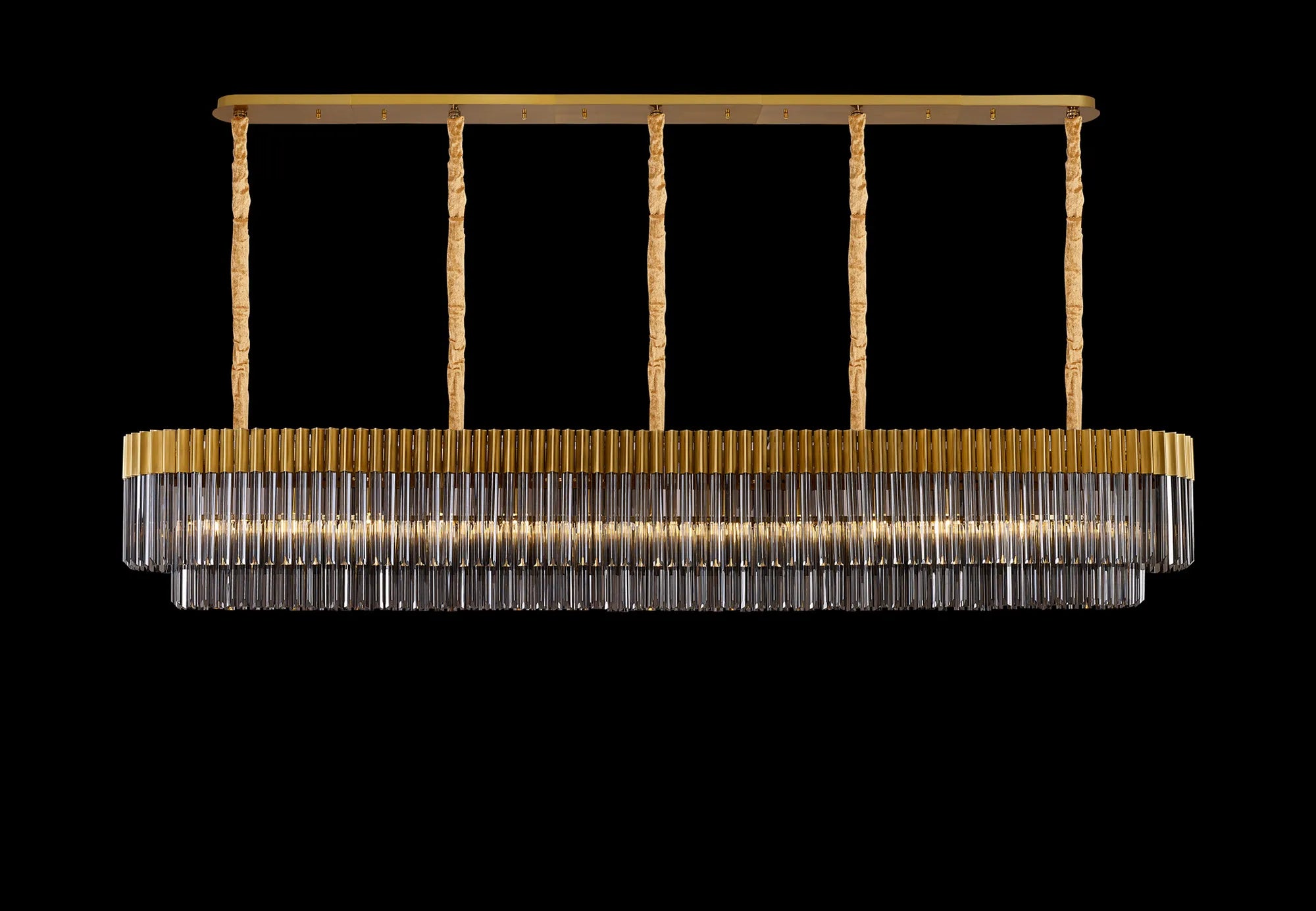 Cedar 250 x 40cm Linear Pendant 13 Light - Brass & Smoked Sculpted Glass
