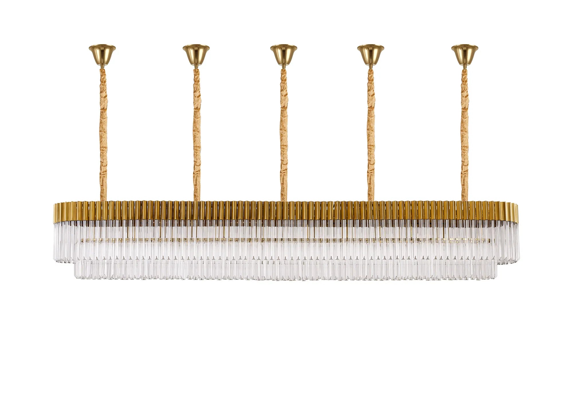 Cedar 250 x 40cm Linear Pendant With Bell Cup 13 Light - Brass & Clear Sculpted Glass