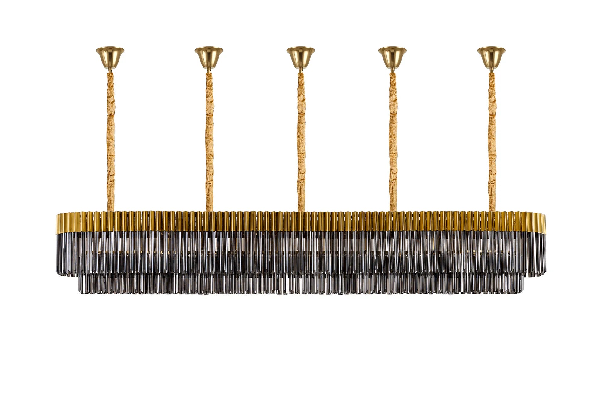 Cedar 250 x 40cm Linear Pendant With Bell Cup 13 Light - Brass & Smoked Sculpted Glass