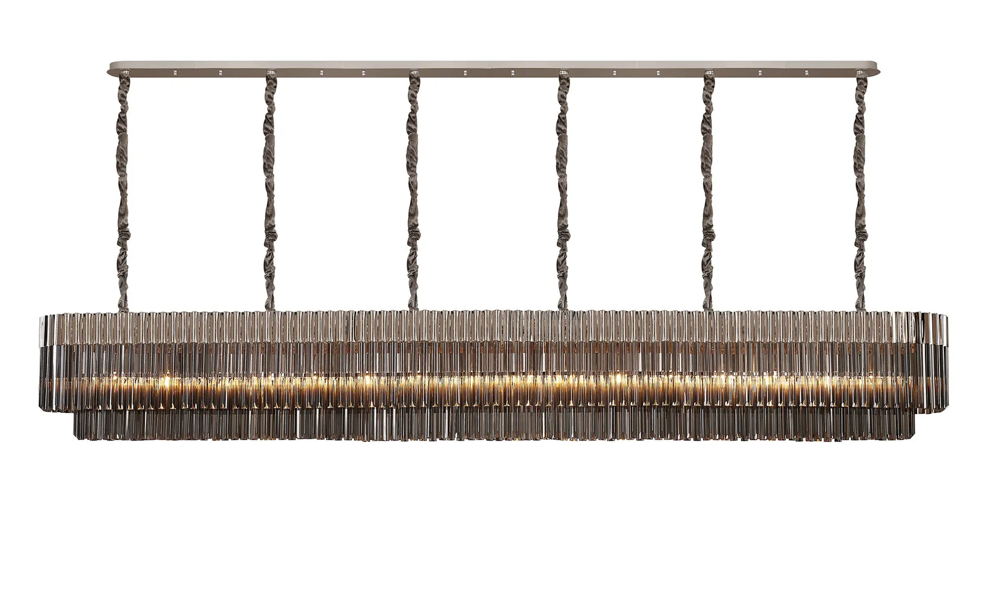 Cedar 300 x 40cm Linear Pendant 16 Light - Polished Nickel & Smoked Sculpted Glass