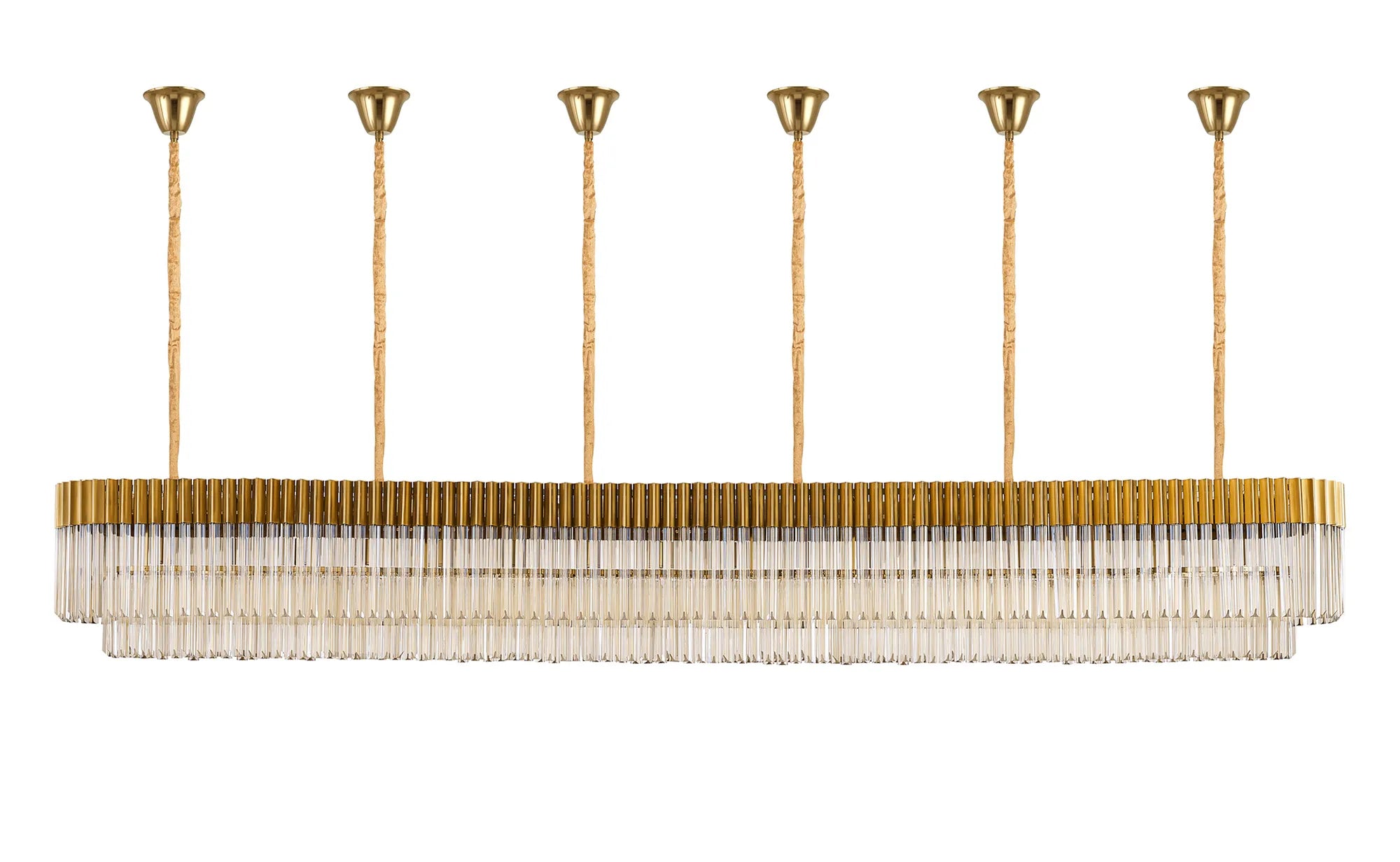 Cedar 300 x 40cm Linear Pendant With Bell Cup 16 Light - Brass & Cognac Sculpted Glass