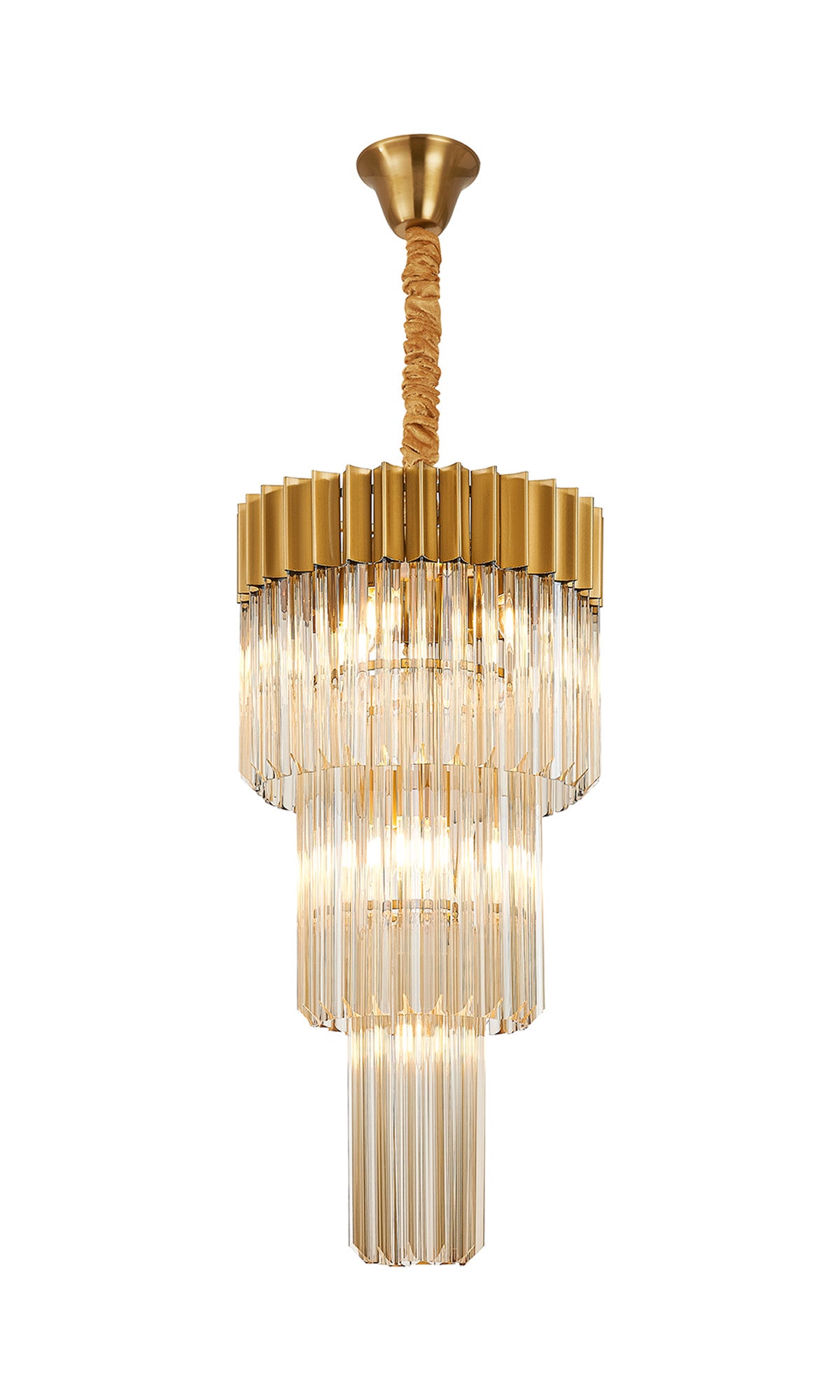 Fabula Cedar Round 3 Tier 8 Light E14 Pendant Light – 40 cm – Brass & Cognac Sculpted Glass 40 cm